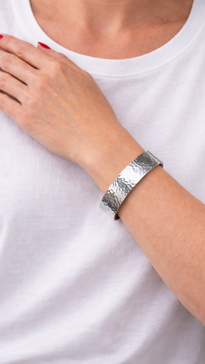 Hammered Silver Hinged Bangle