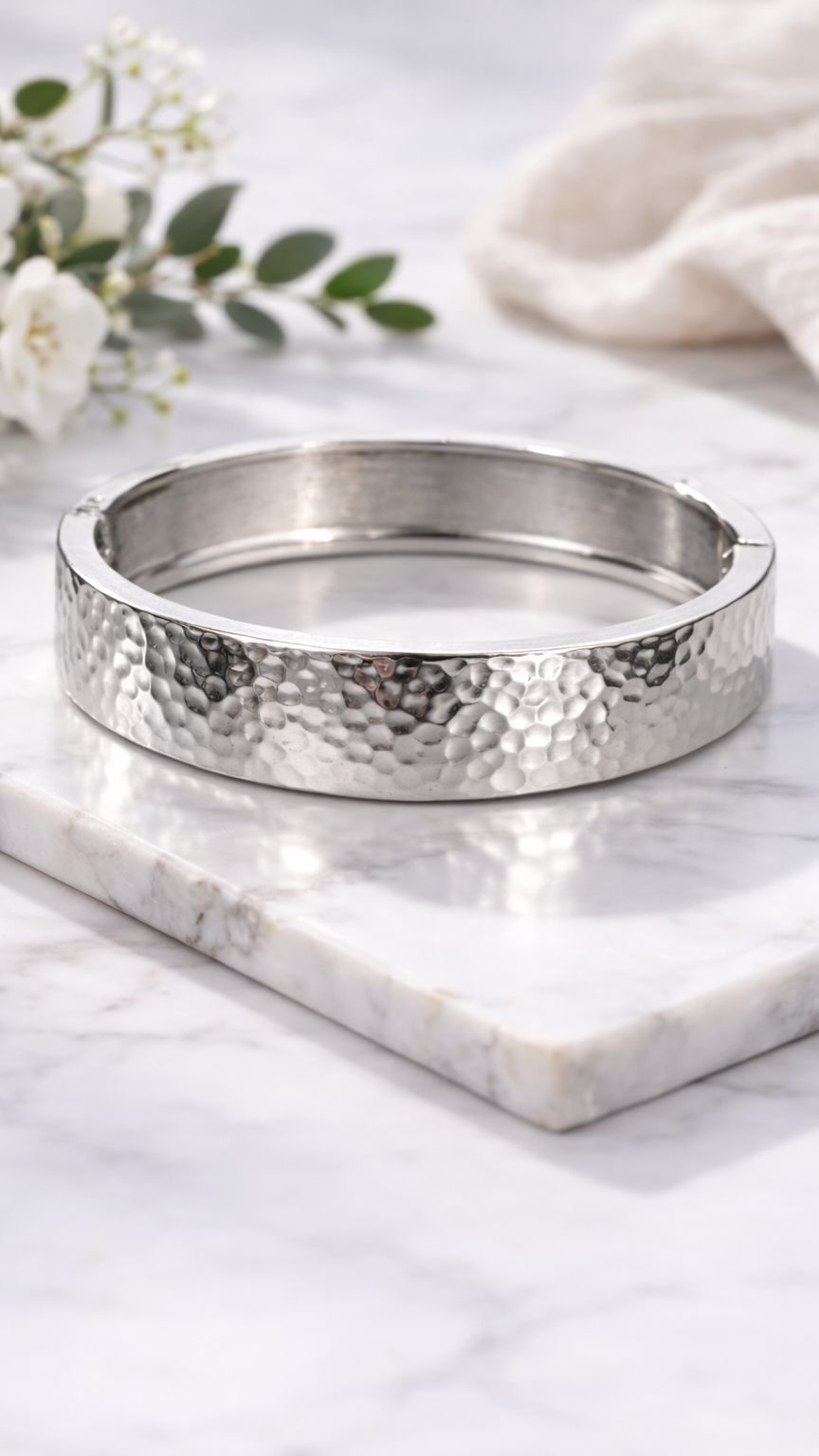 Hammered Silver Hinged Bangle