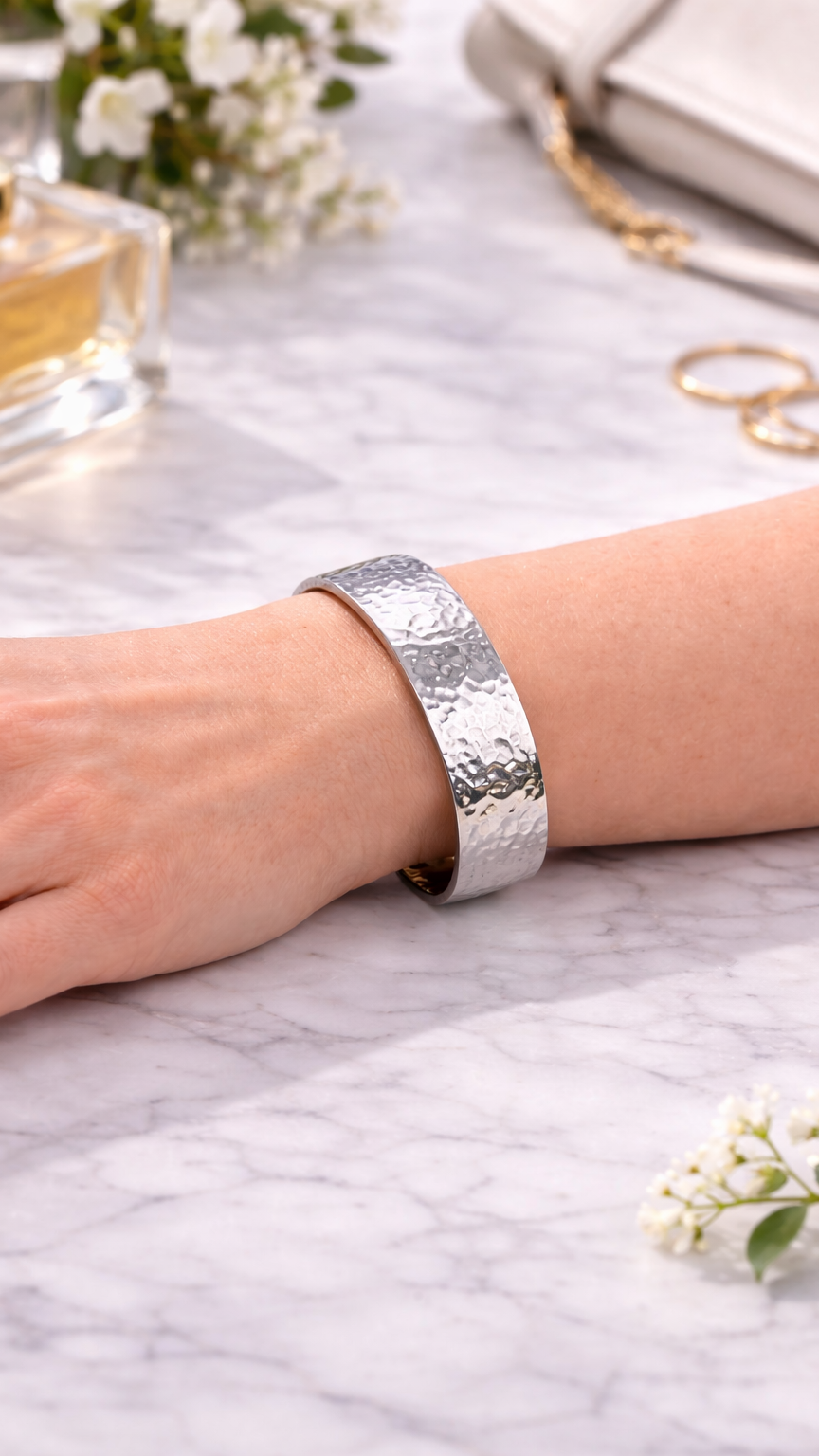 Hammered Silver Hinged Bangle