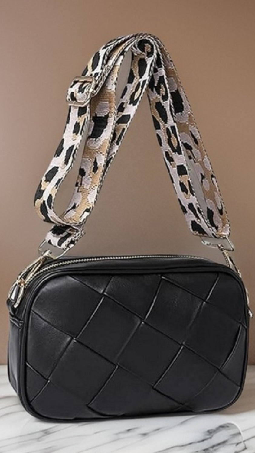 Woven Crossbody Purse with Leopard Strap-Black