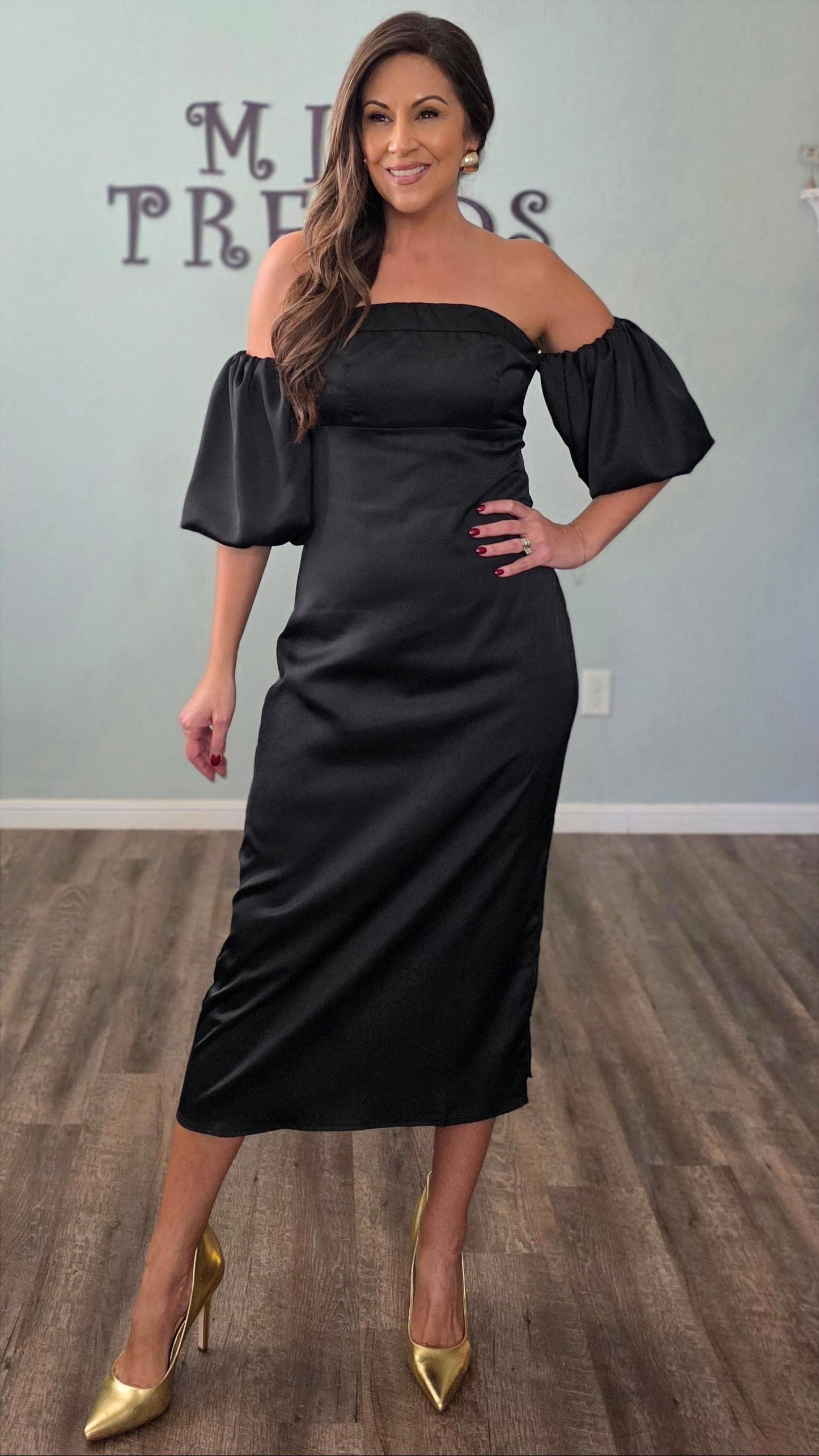 Moonlit Elegance Satin Midi Dress-Black