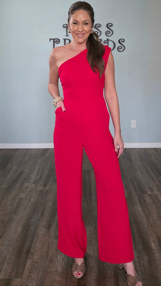 Red Hot One Shoulder Jumpsuit