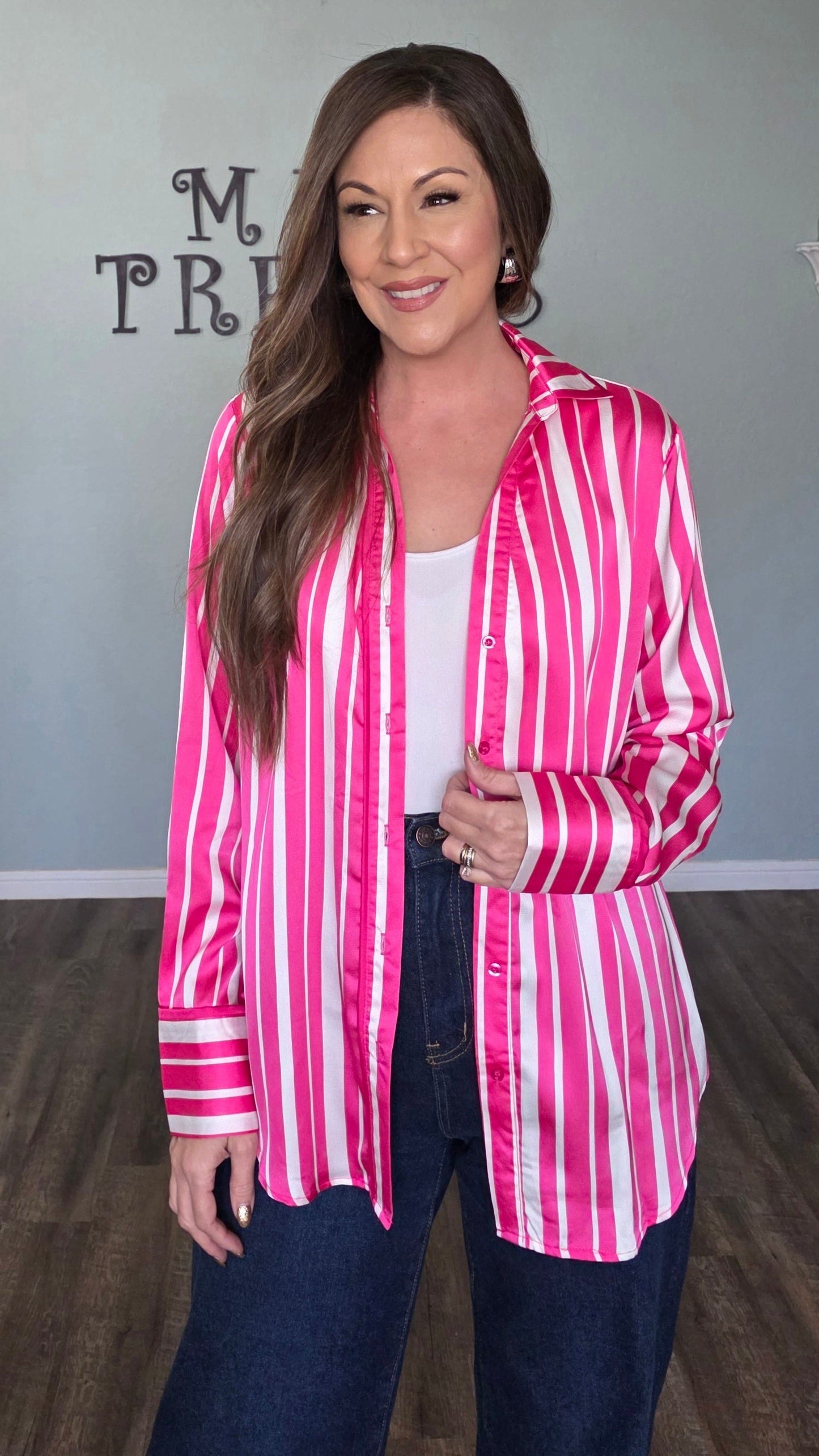 Umgee Satin Vertical Stripe Button Down Top – Hot Pink/White