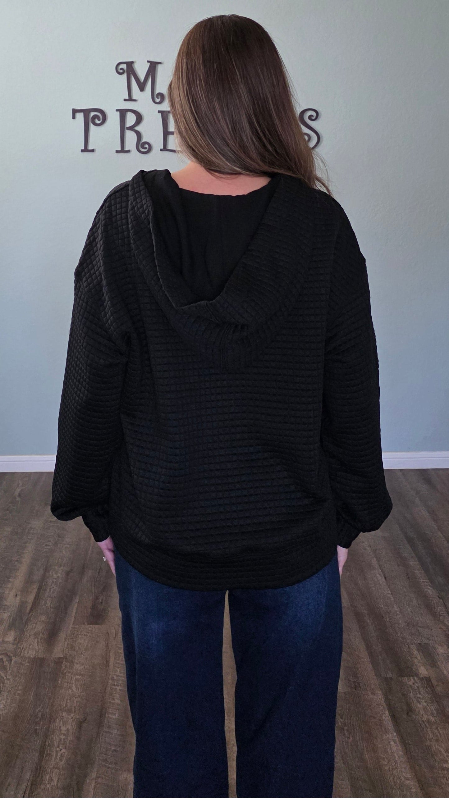 Button Front Quilted Hoodie Pullover-Black