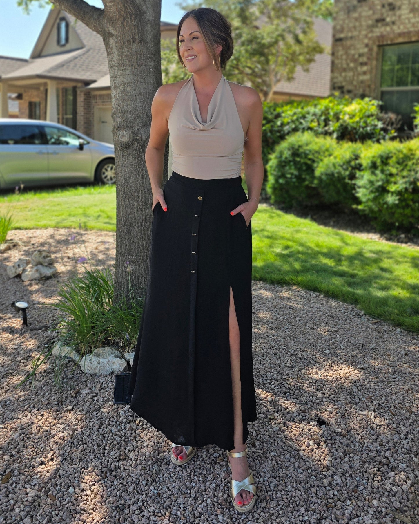 Draped to Perfection Halter Top- Lt Taupe