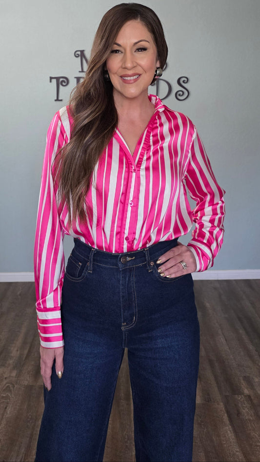 Umgee Satin Vertical Stripe Button Down Top – Hot Pink/White