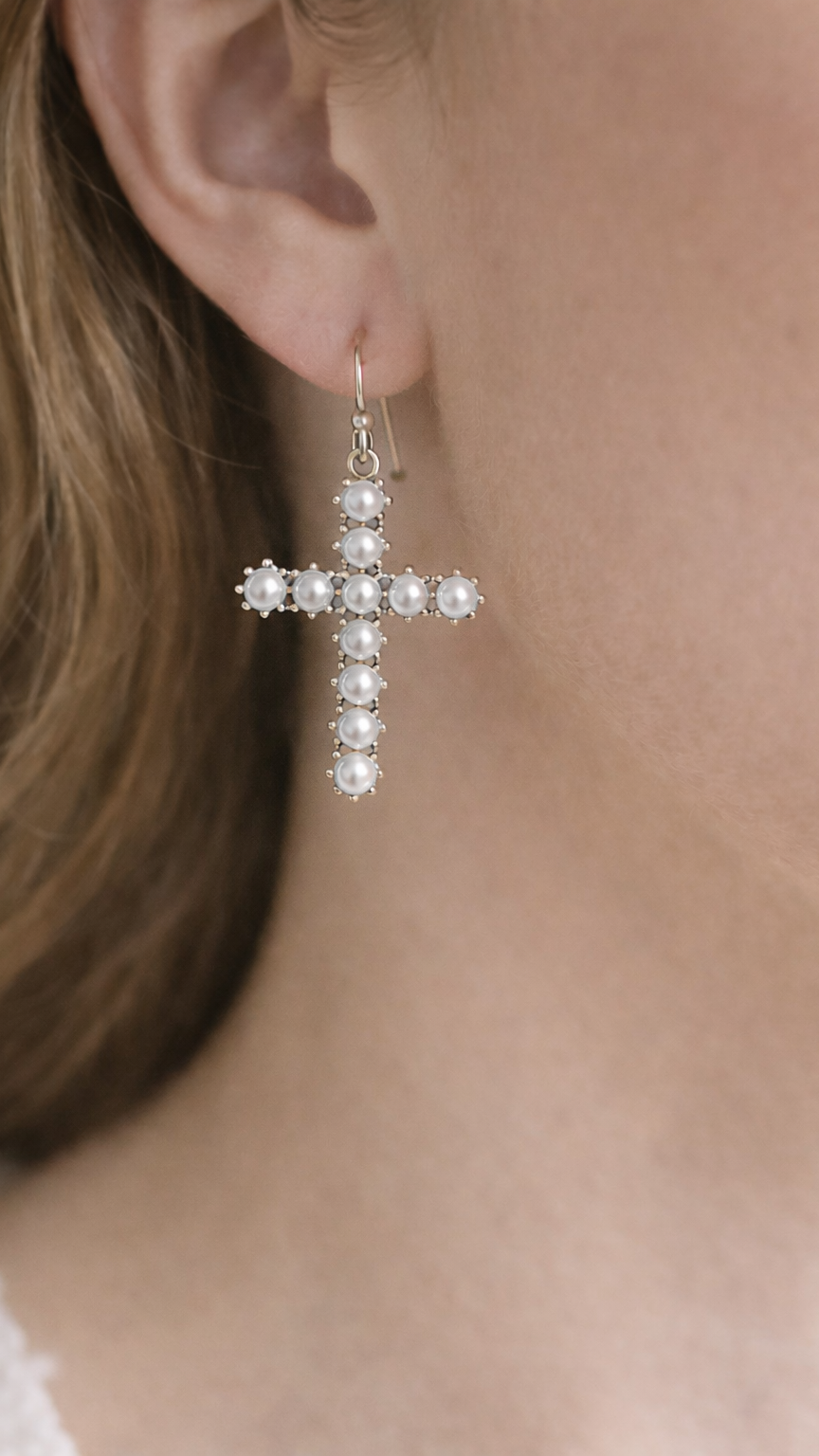 Pearl Cross Earrings – Gold & Silver Drop Earrings