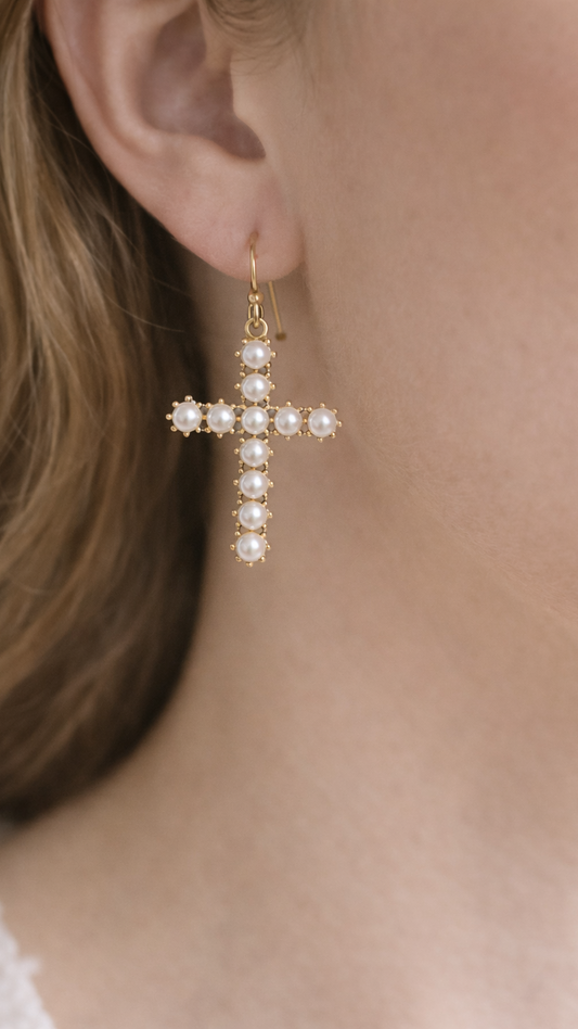 Pearl Cross Earrings – Gold & Silver Drop Earrings