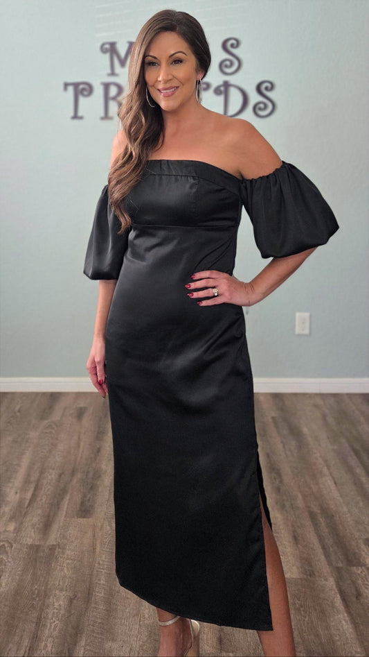 Moonlit Elegance Satin Midi Dress-Black