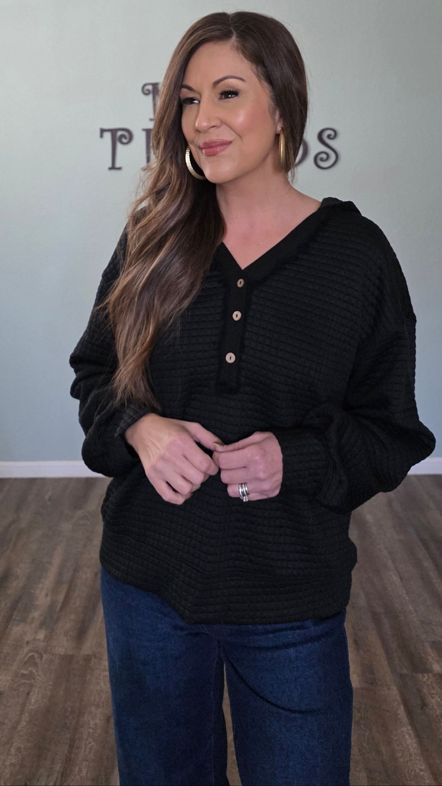 Button Front Quilted Hoodie Pullover-Black