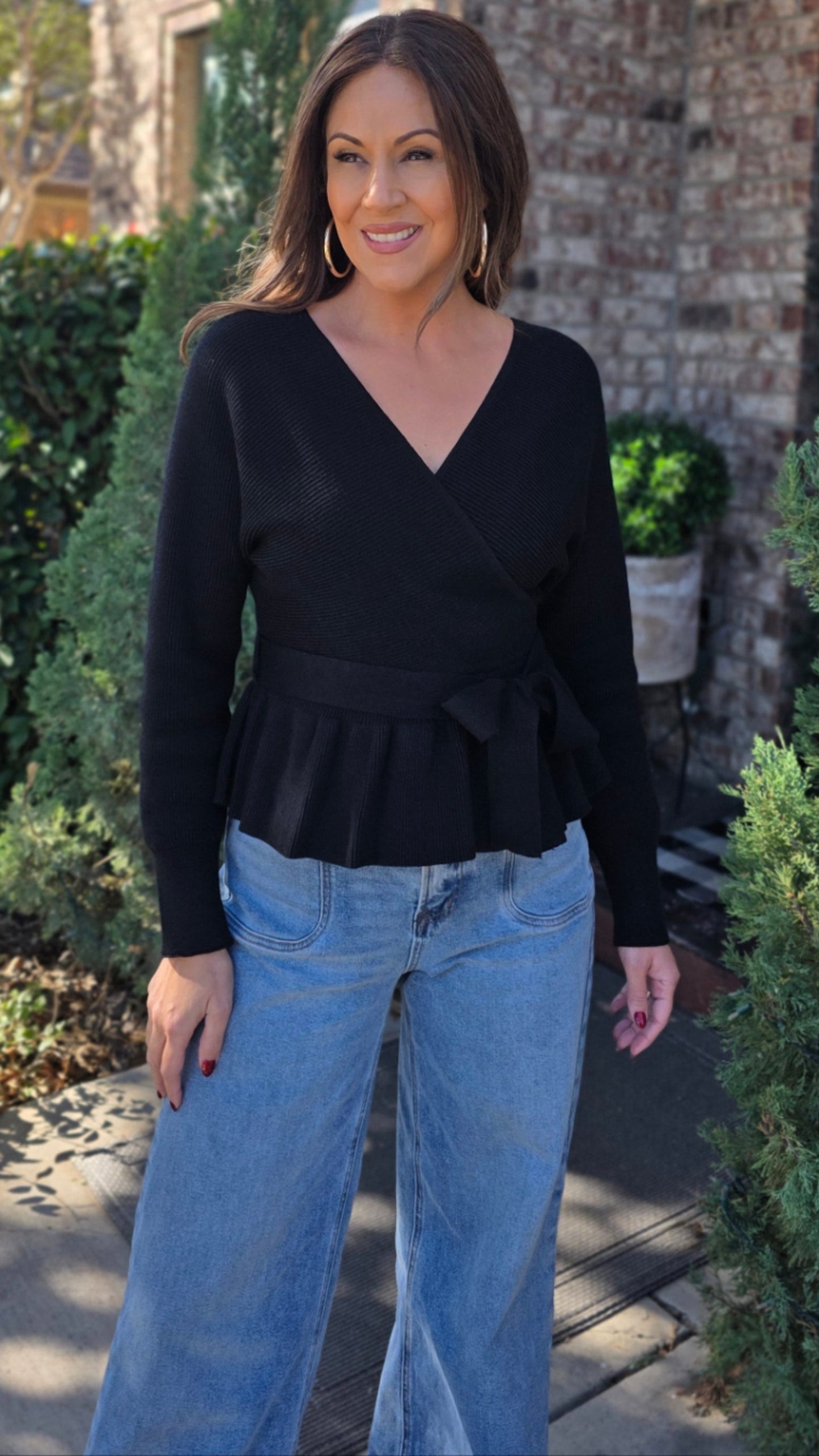 The Polished Tie Peplum Sweater- Black