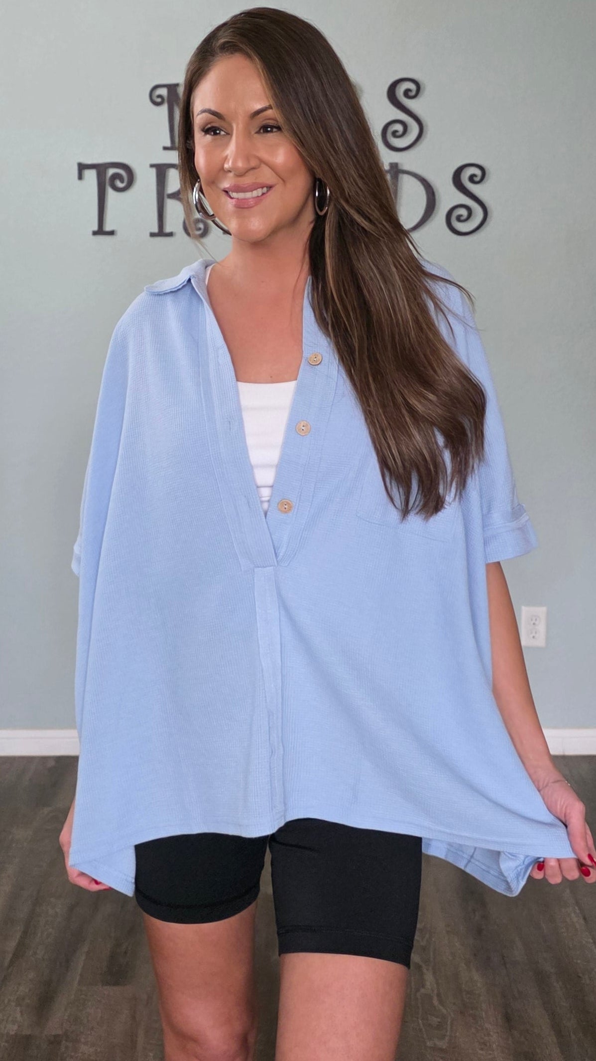Blue Skies Waffle Knit Oversized Button Down