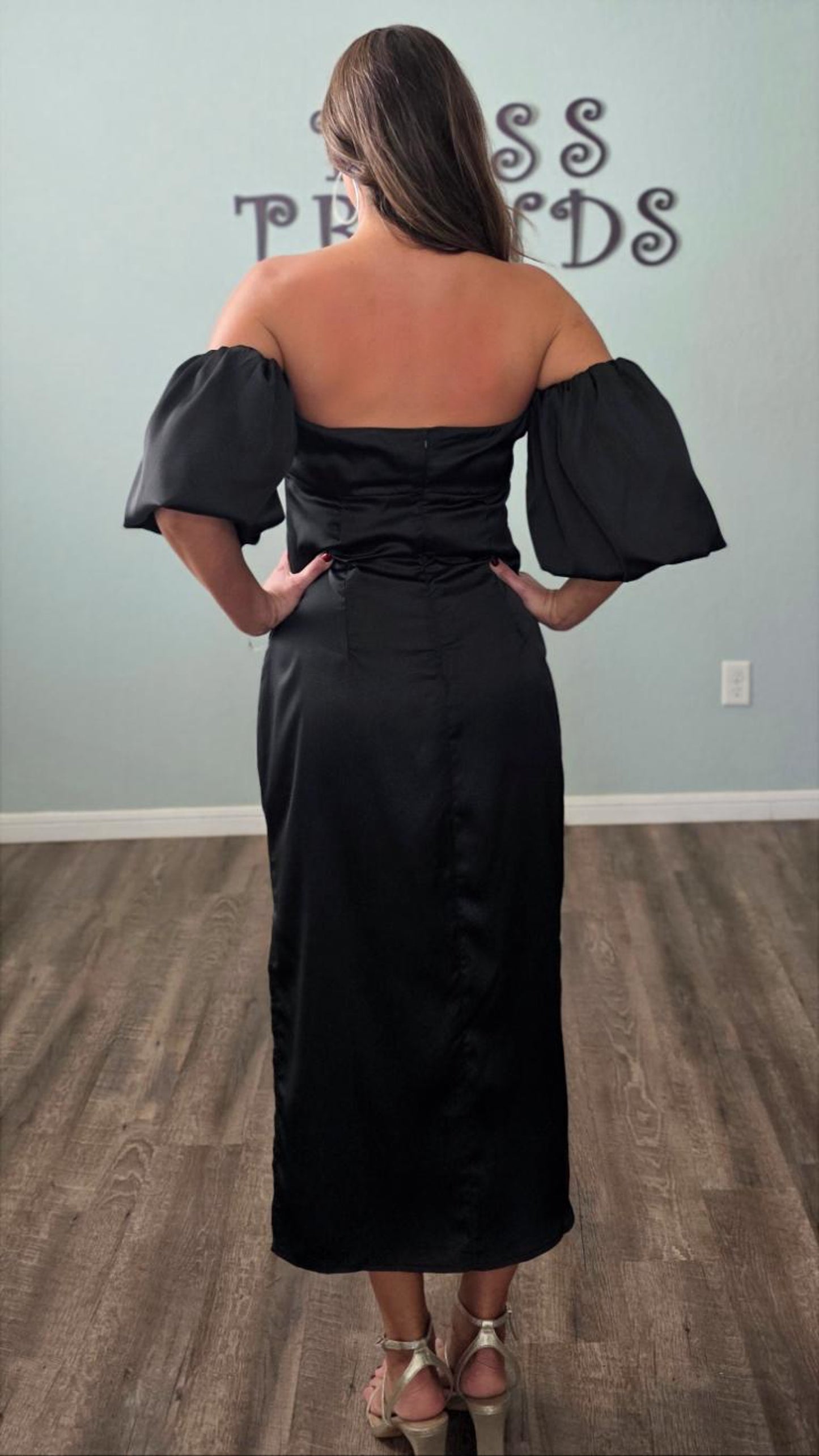 Moonlit Elegance Satin Midi Dress-Black