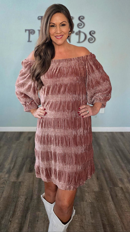 Velvet Elegance Off Shoulder Dress-Mauve