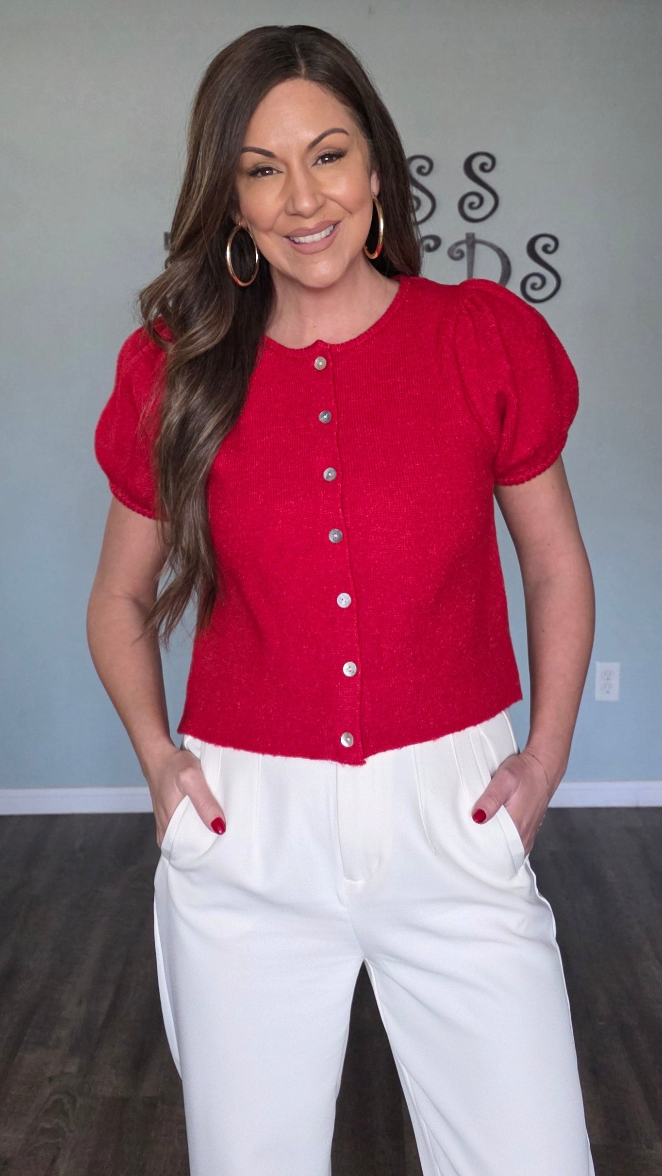 Puff Sleeve Button Down Sweater Top- Red