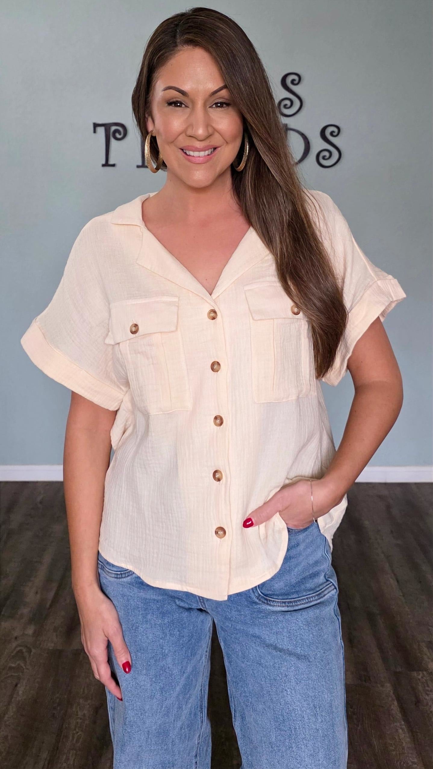 Cotton Gauze Button Down Shirt in Sand