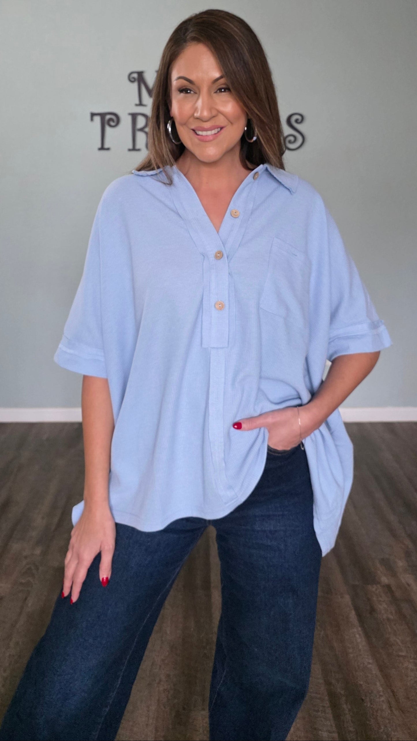 Blue Skies Waffle Knit Oversized Button Down