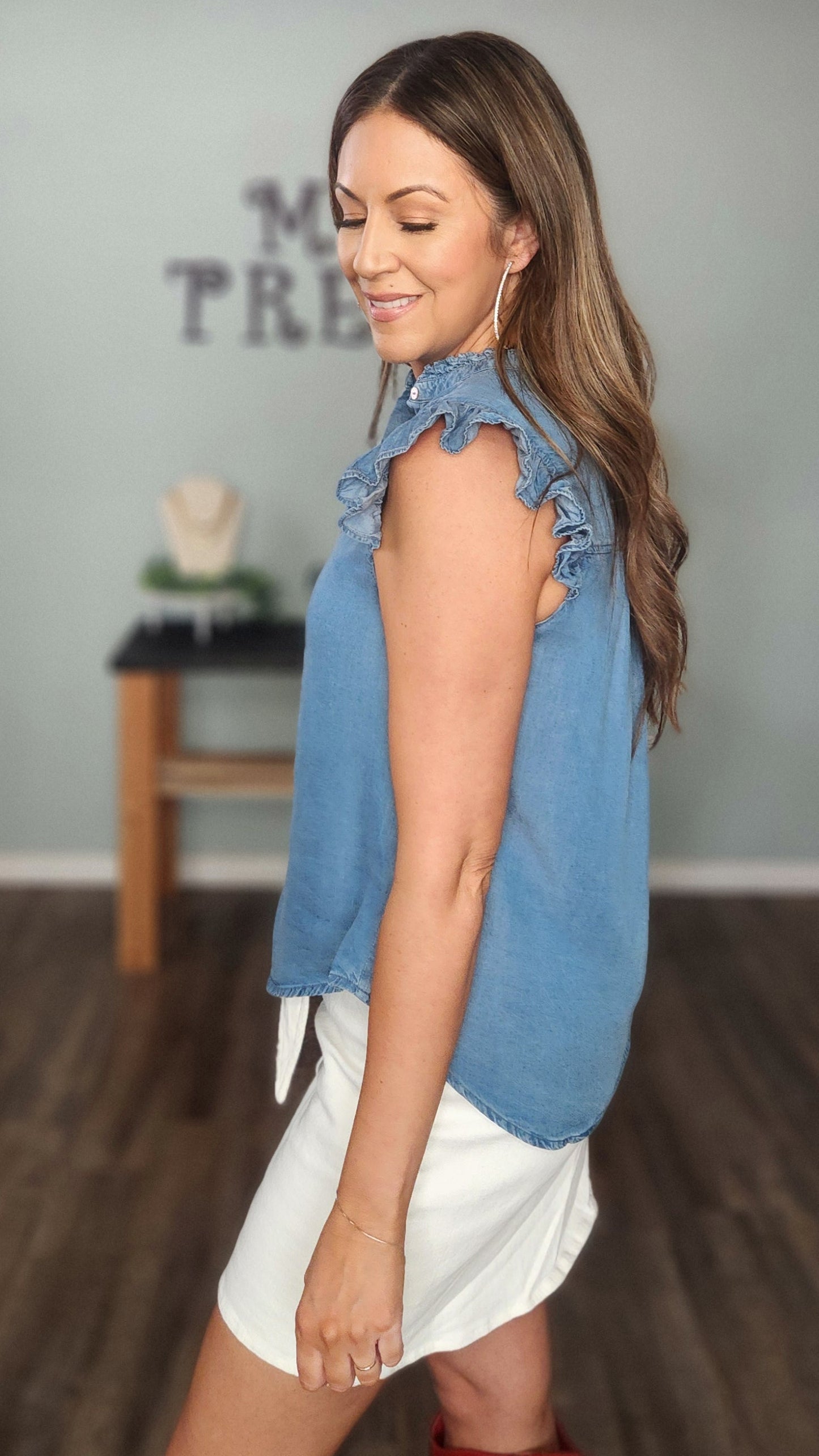 Sleeveless Tencel Ruffle Top-Denim Blue