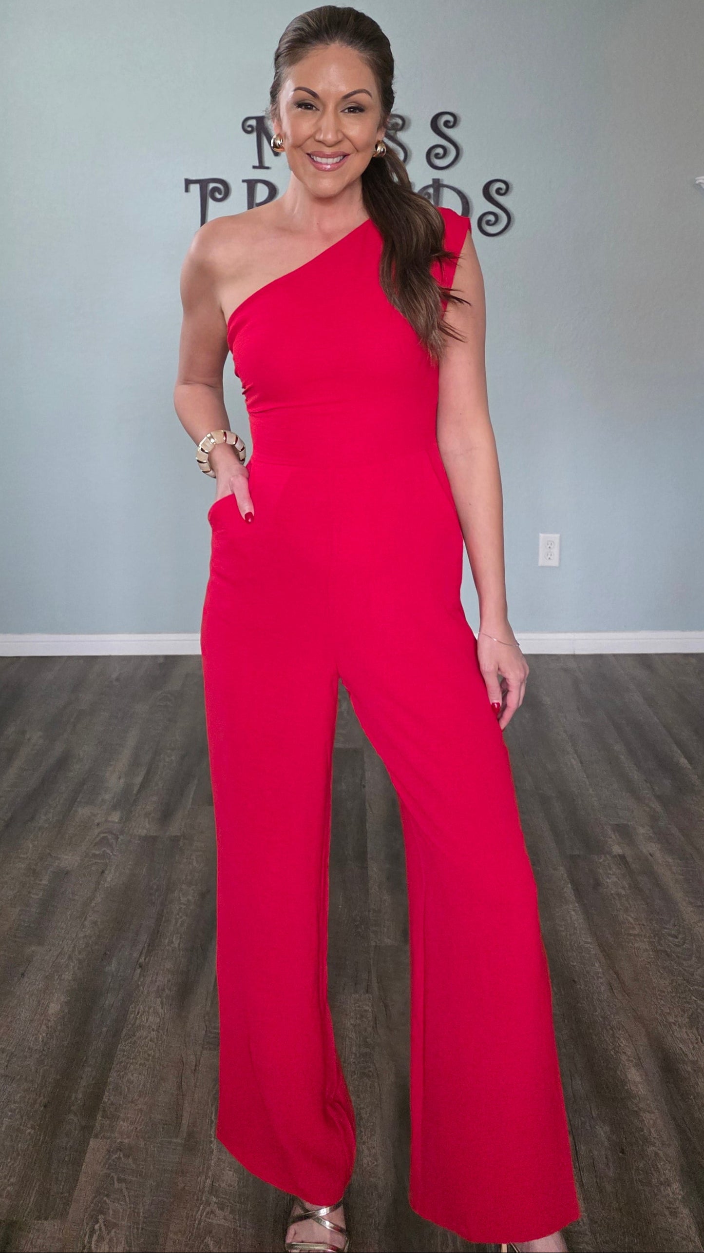 Red Hot One Shoulder Jumpsuit