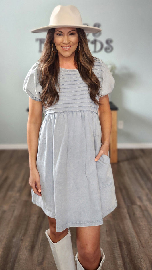 Soft Grace Puff Sleeve Denim Dress-Light Blue
