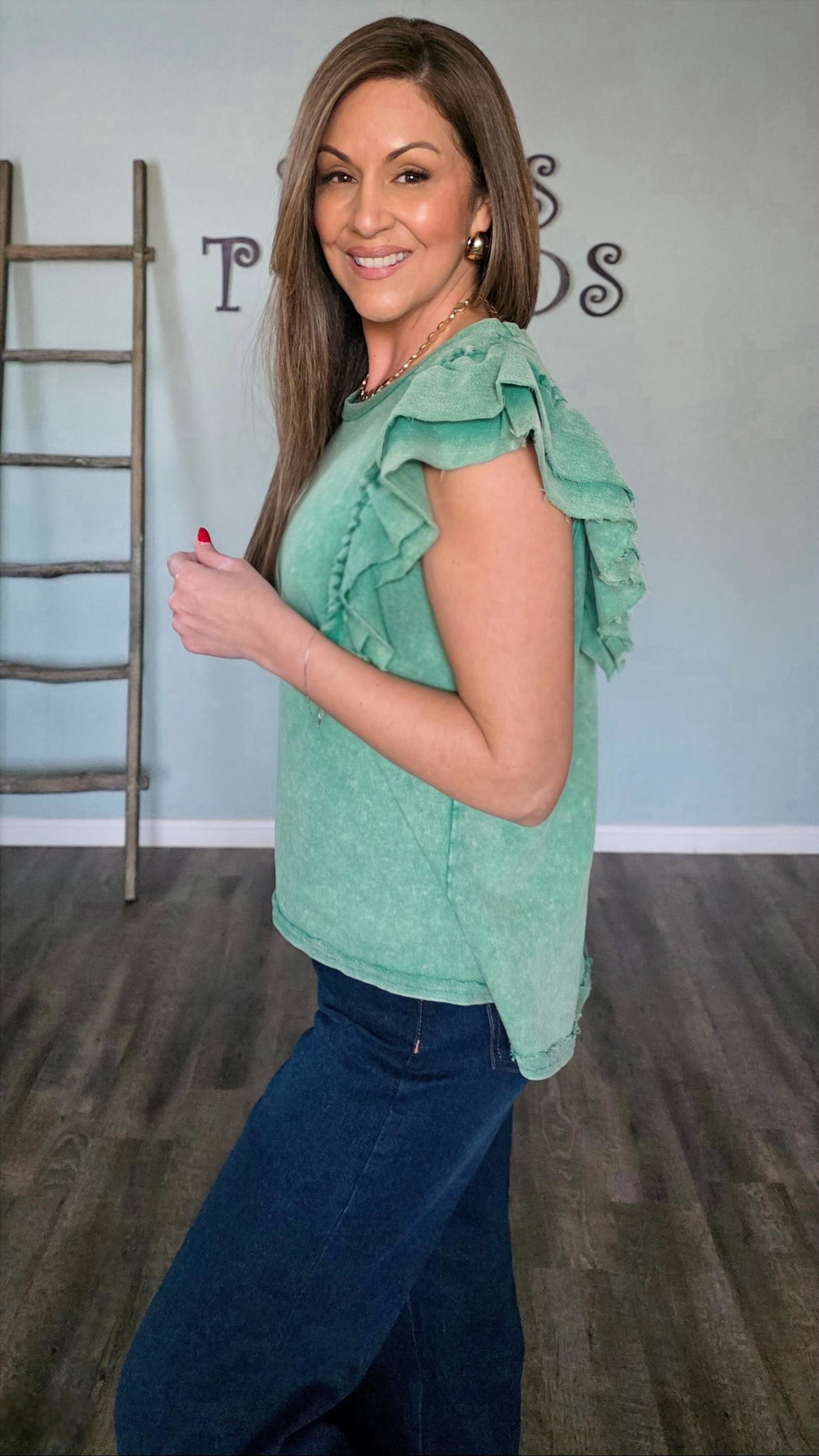 Mineral Washed Ruffle Sleeve Top in Green