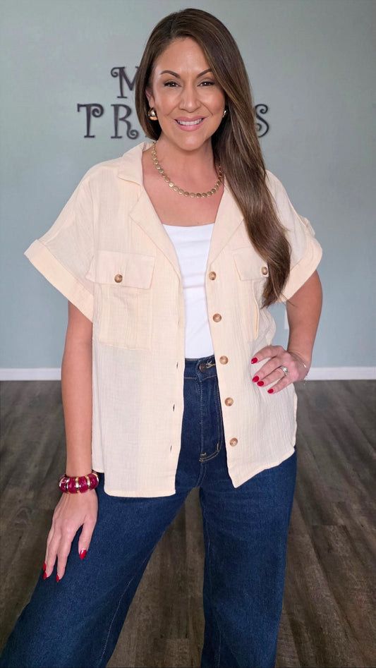 Cotton Gauze Button Down Shirt in Sand