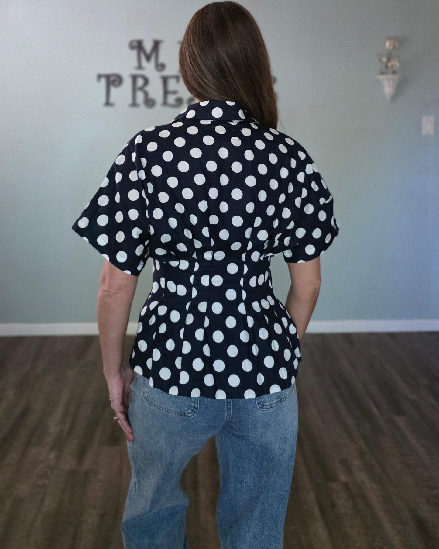 Navy Polka Dot Pleated Button Down Peplum Top