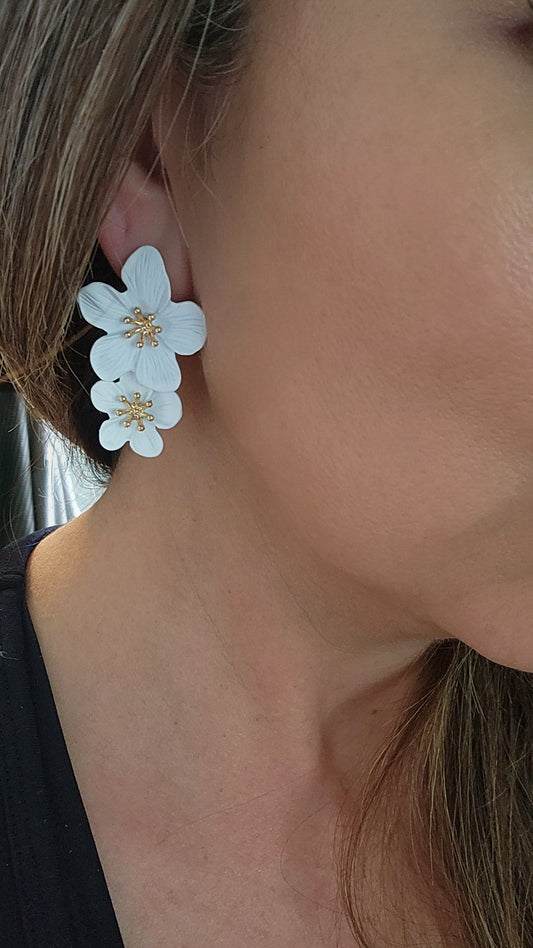 White Painted Double Floral Earrings