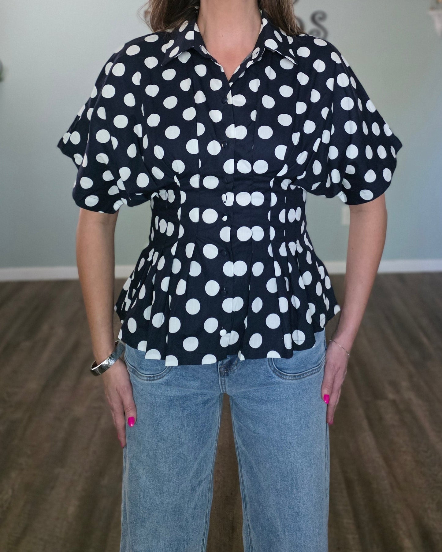 Navy Polka Dot Pleated Button Down Peplum Top