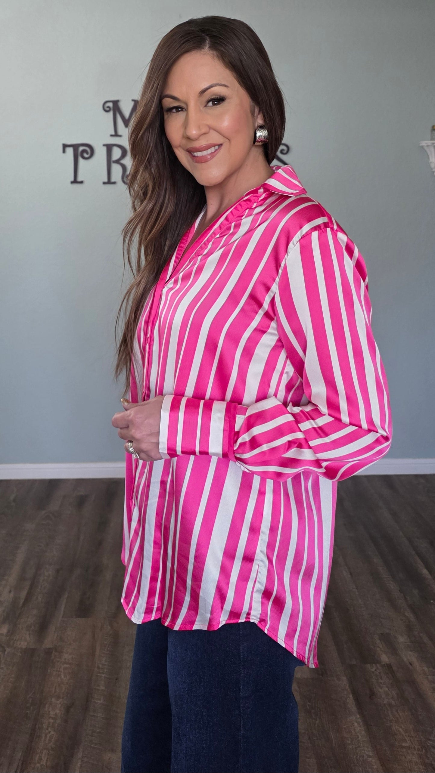 Umgee Satin Vertical Stripe Button Down Top – Hot Pink/White