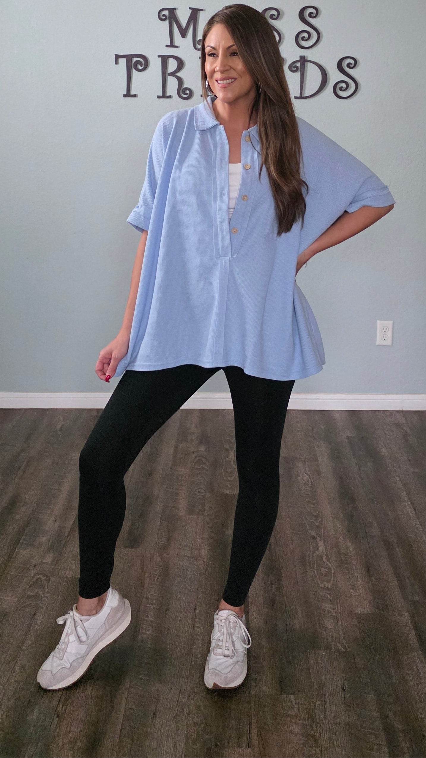 Blue Skies Waffle Knit Oversized Button Down