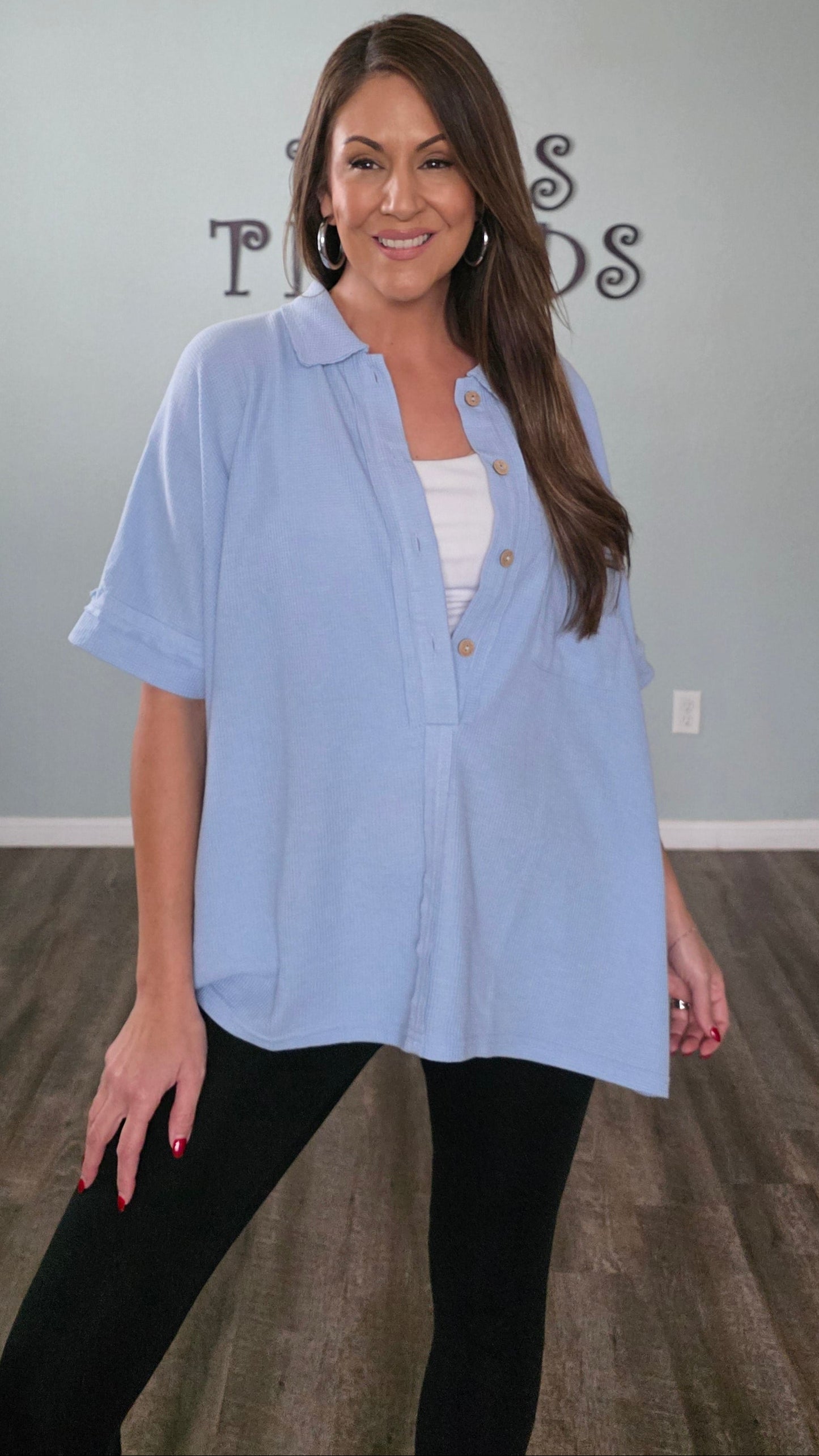 Blue Skies Waffle Knit Oversized Button Down