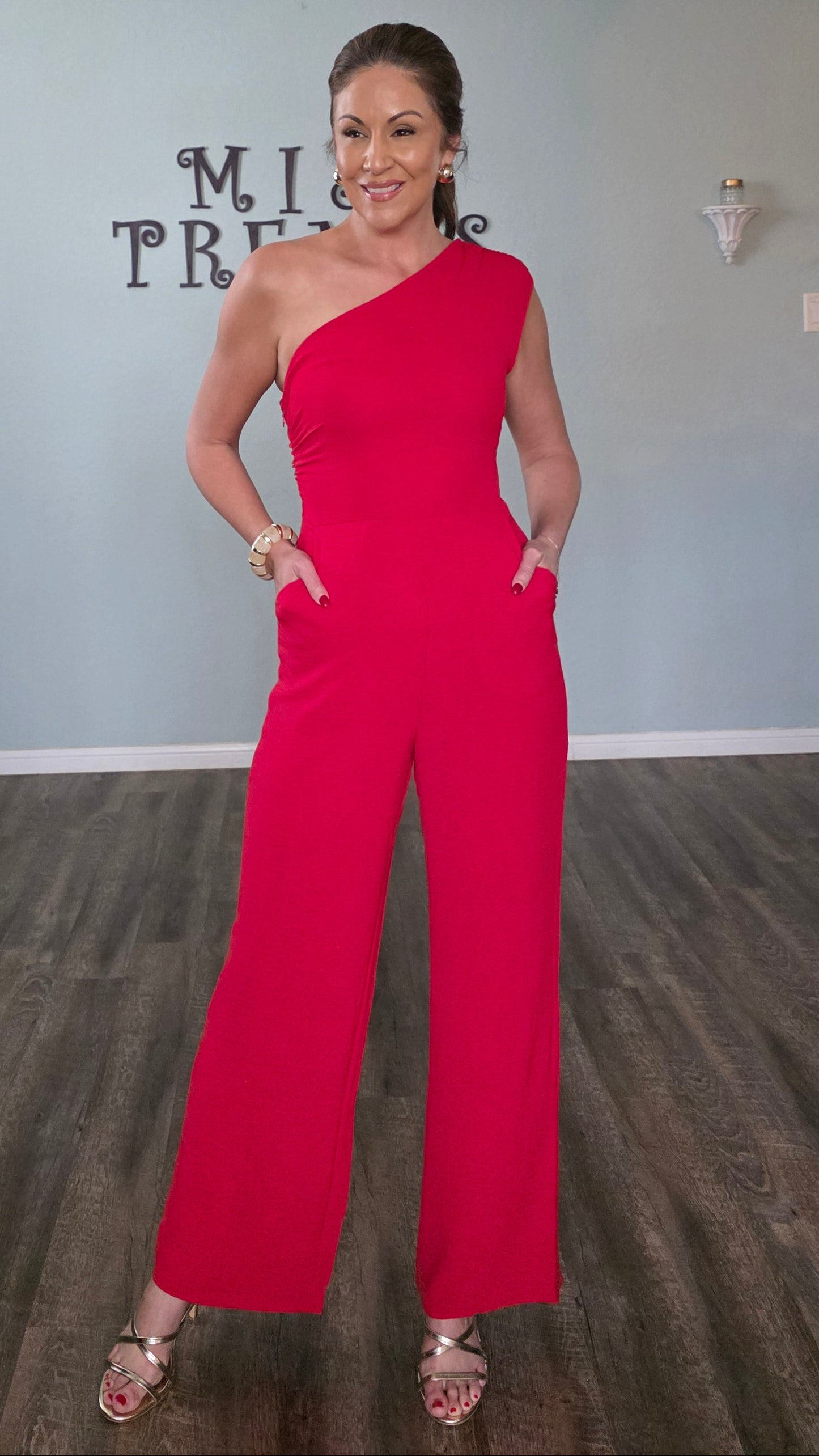 Red Hot One Shoulder Jumpsuit