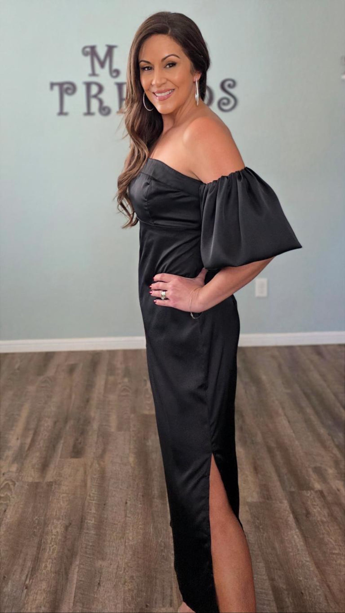 Moonlit Elegance Satin Midi Dress-Black