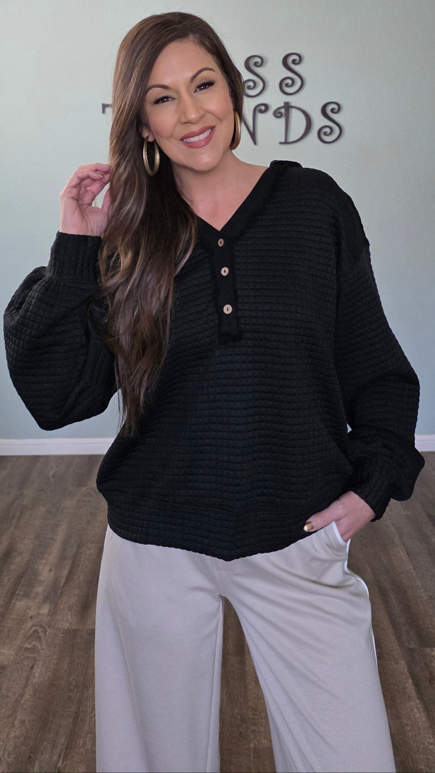 Button Front Quilted Hoodie Pullover-Black