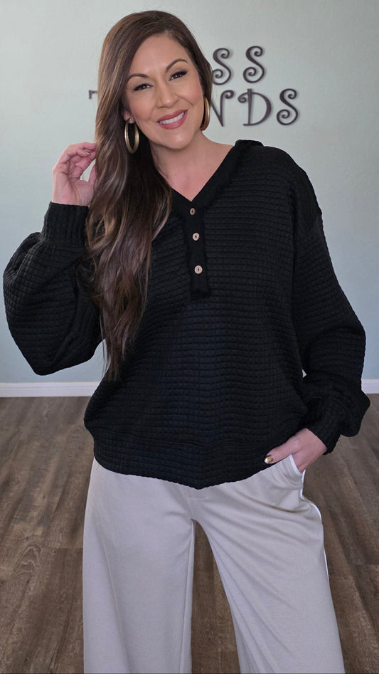 Button Front Quilted Hoodie Pullover-Black