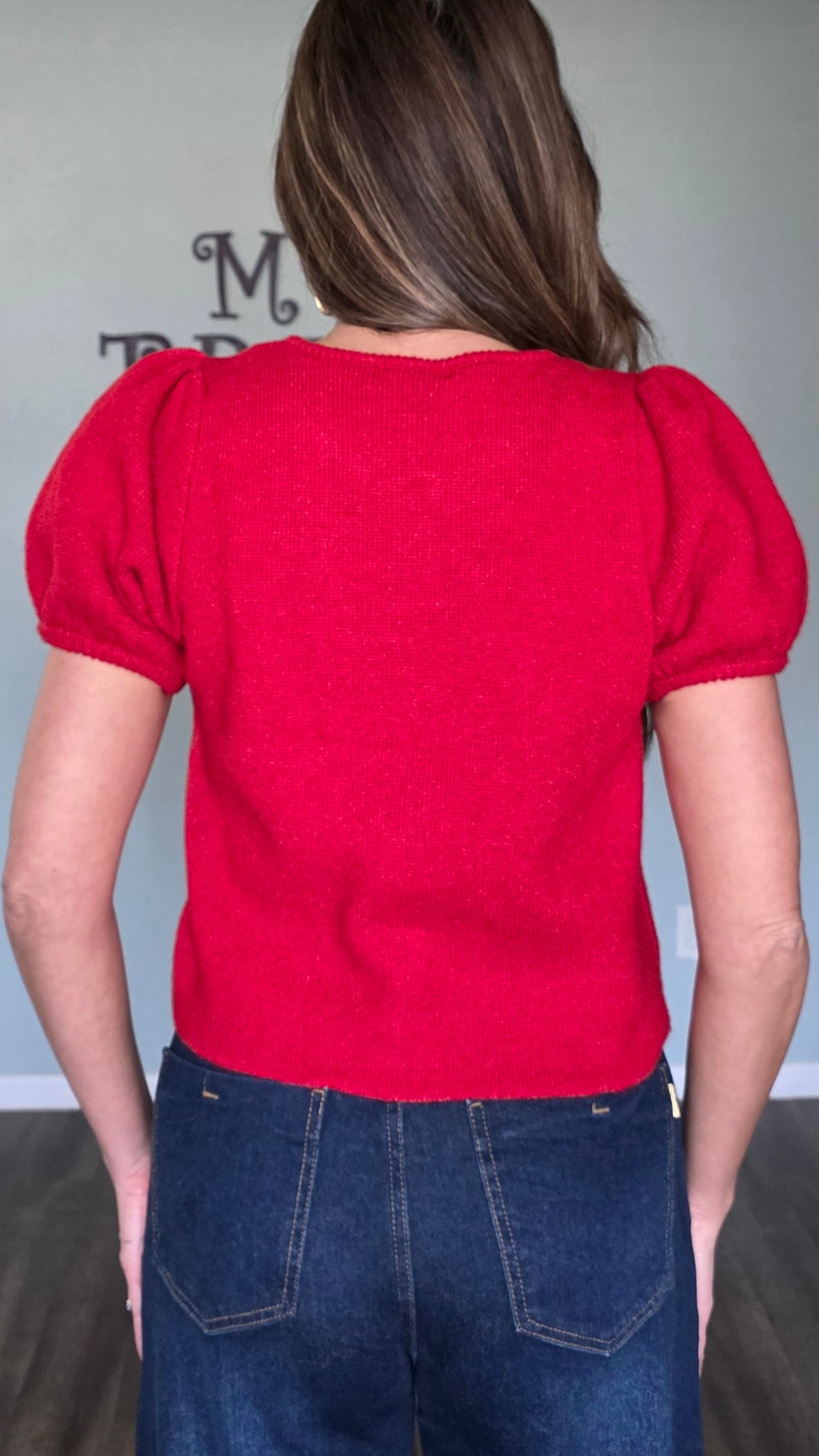 Puff Sleeve Button Down Sweater Top- Red