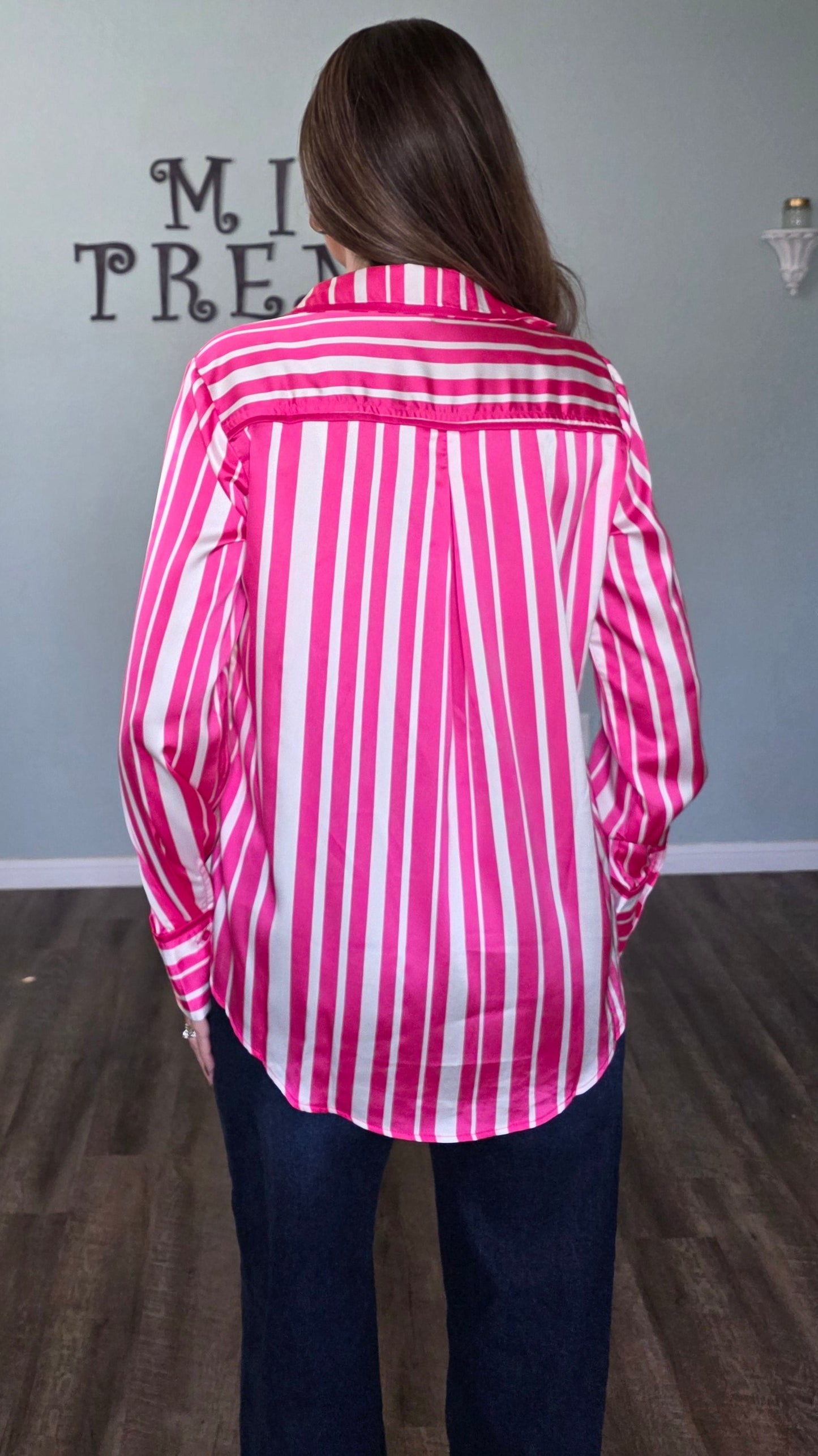 Umgee Satin Vertical Stripe Button Down Top – Hot Pink/White