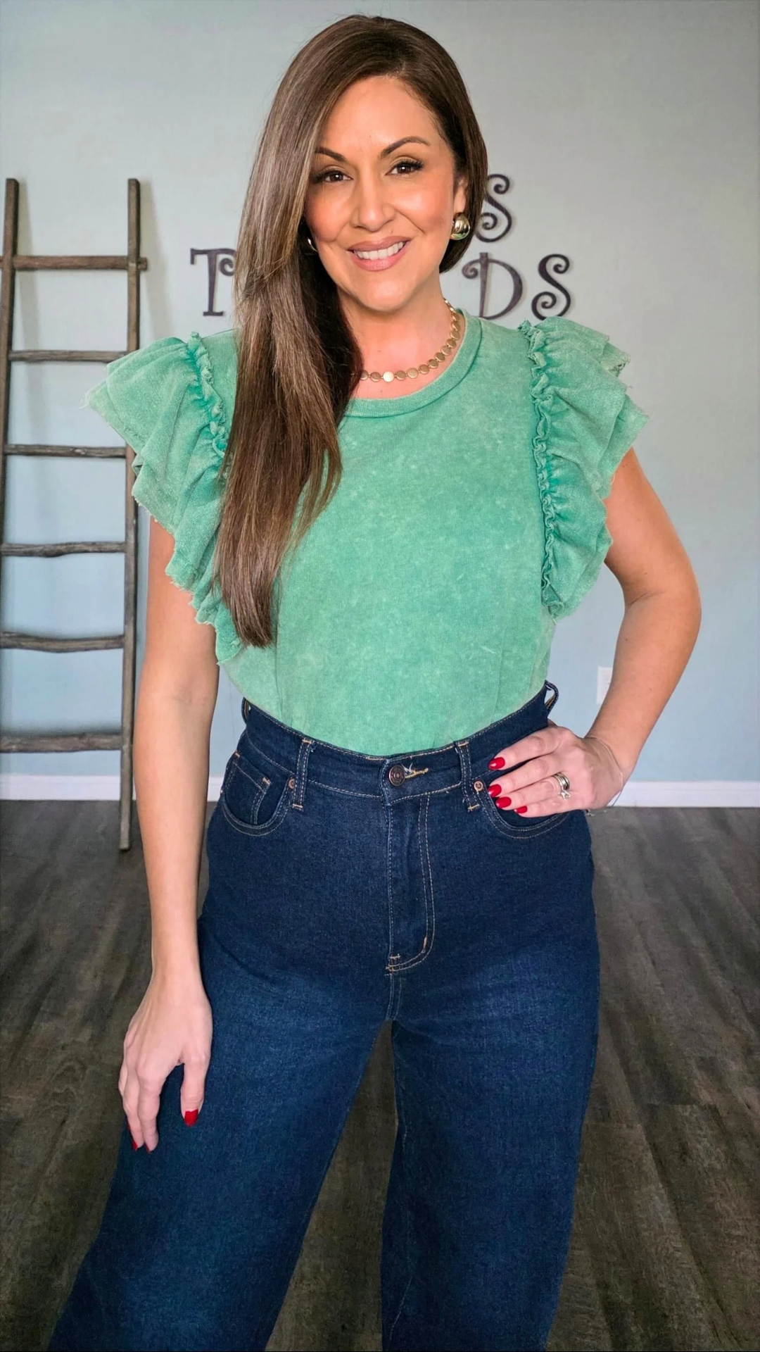 Mineral Washed Ruffle Sleeve Top in Green