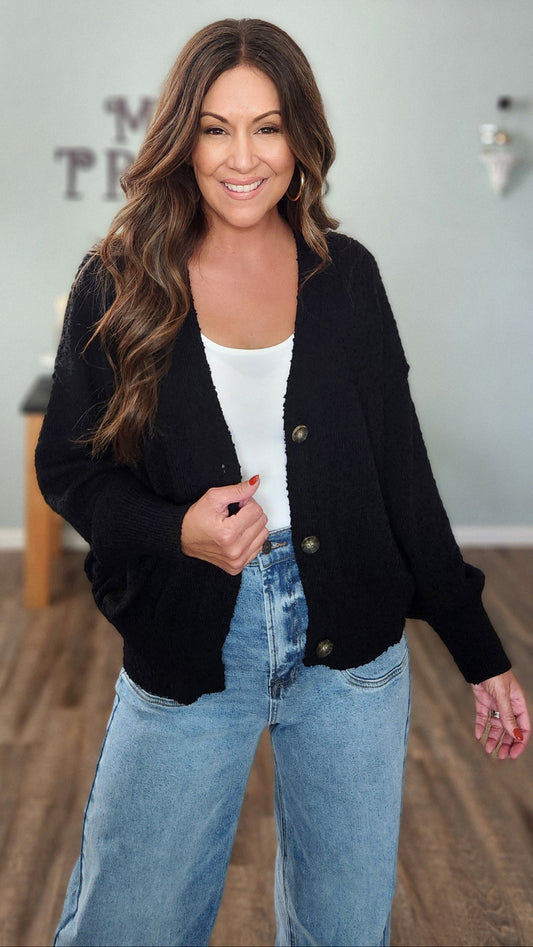 Textured Button Front Cardigan-Black
