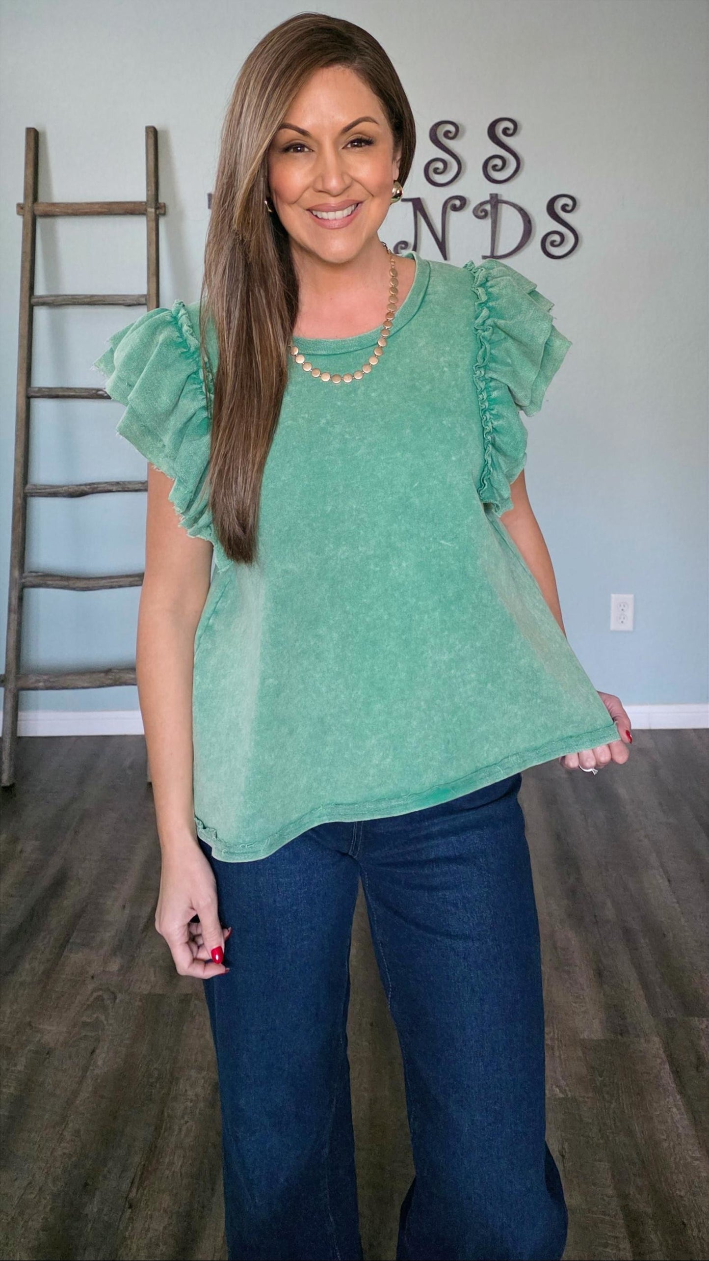 Mineral Washed Ruffle Sleeve Top in Green