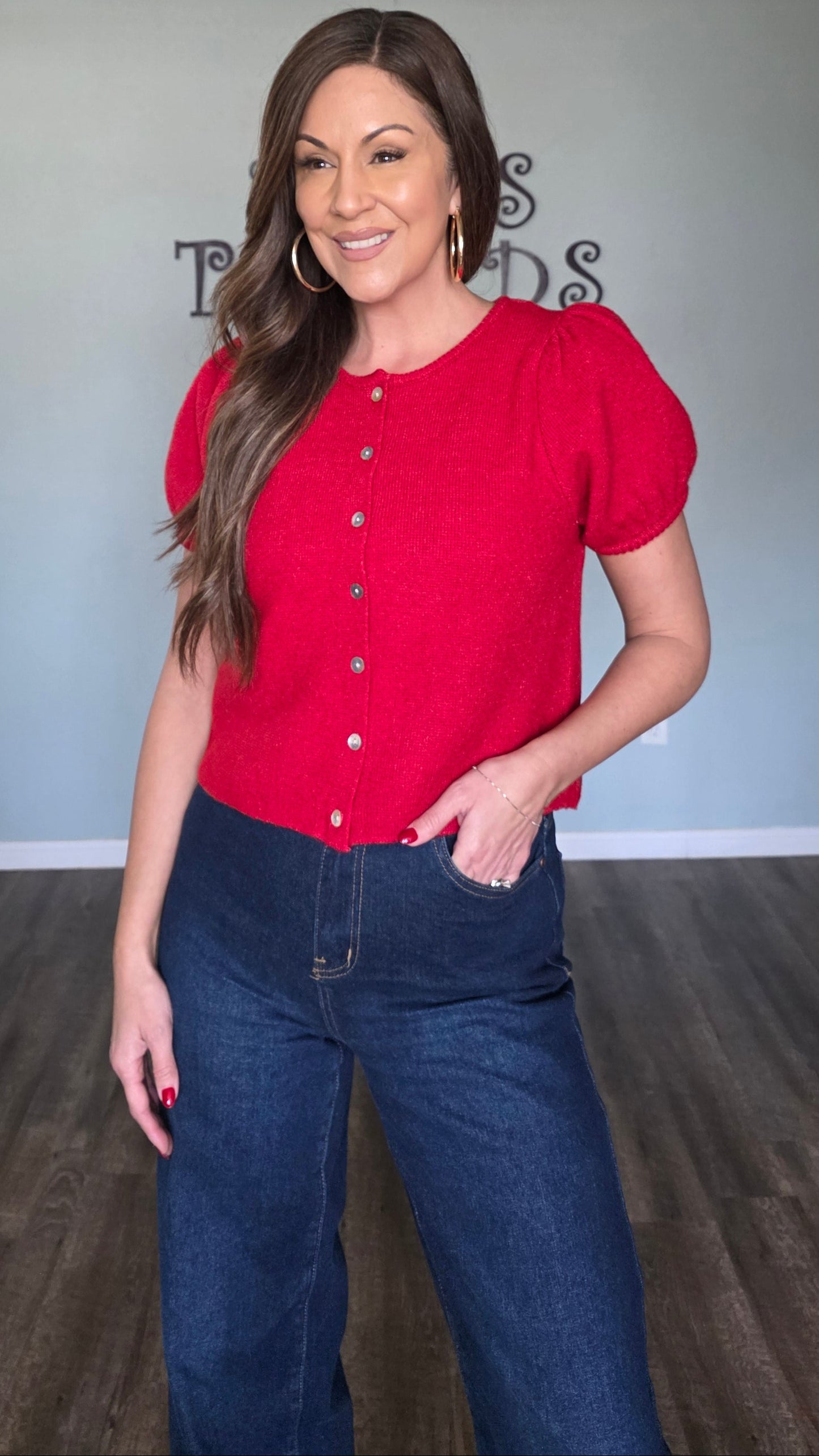 Puff Sleeve Button Down Sweater Top- Red