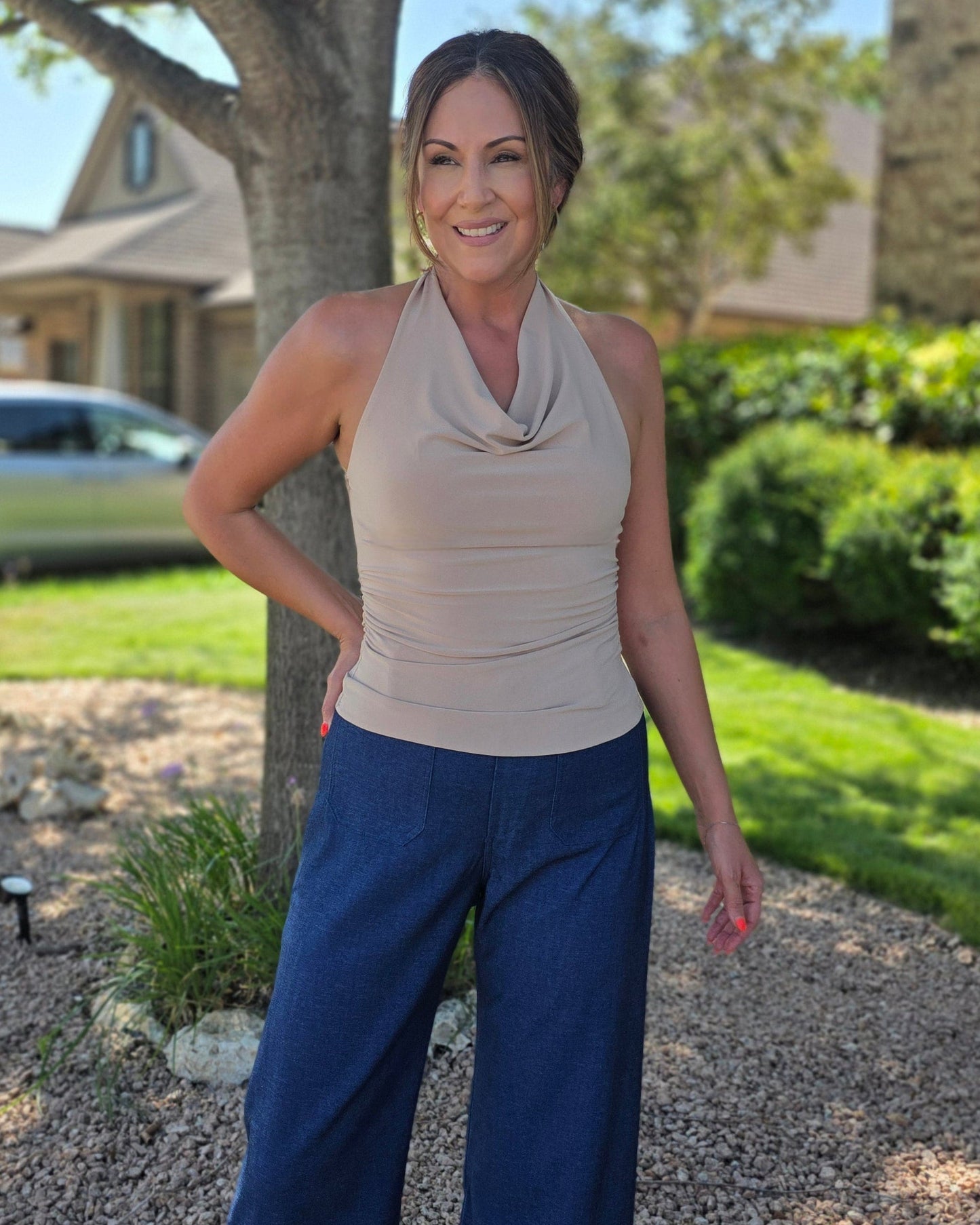 Draped to Perfection Halter Top- Lt Taupe