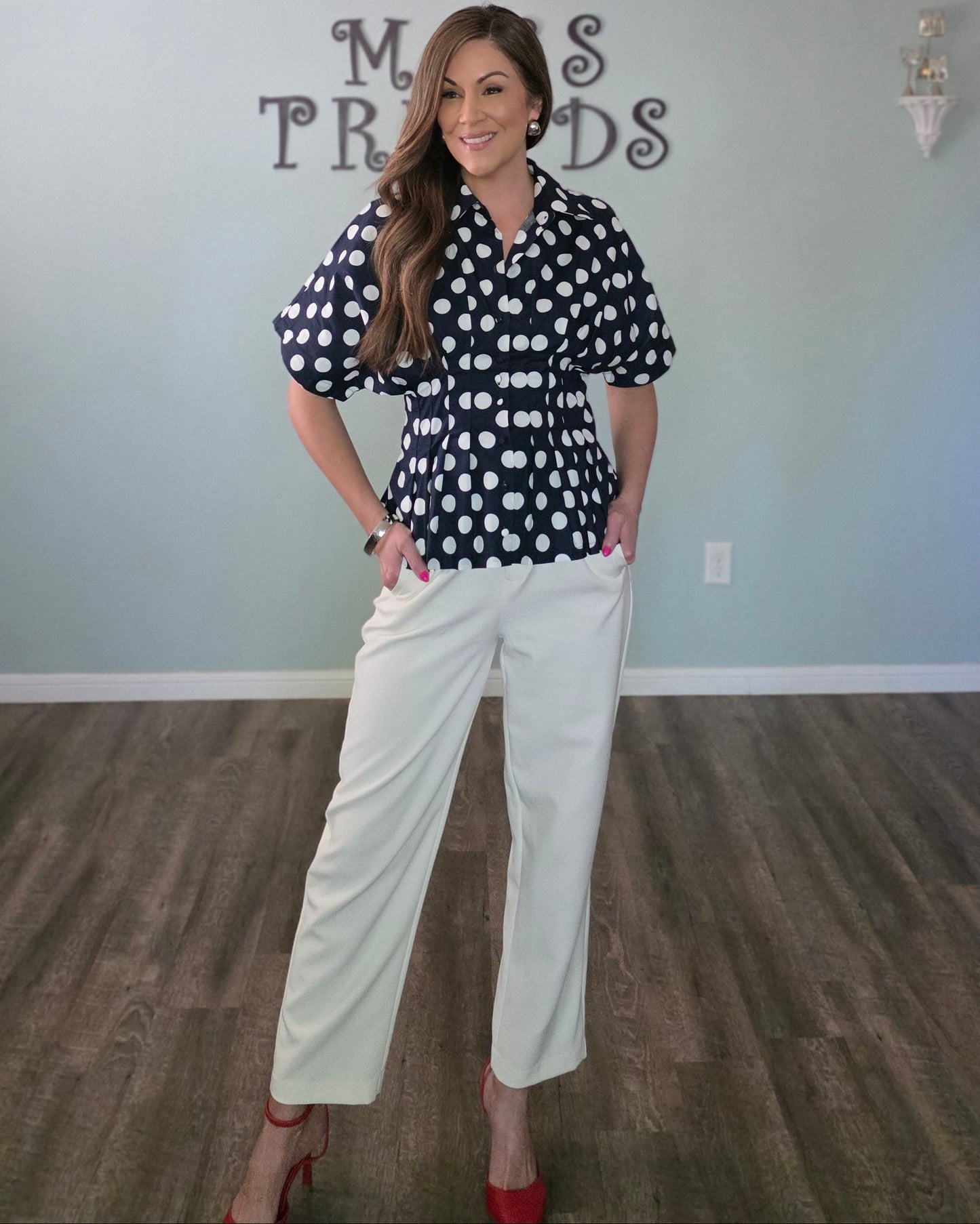 Navy Polka Dot Pleated Button Down Peplum Top