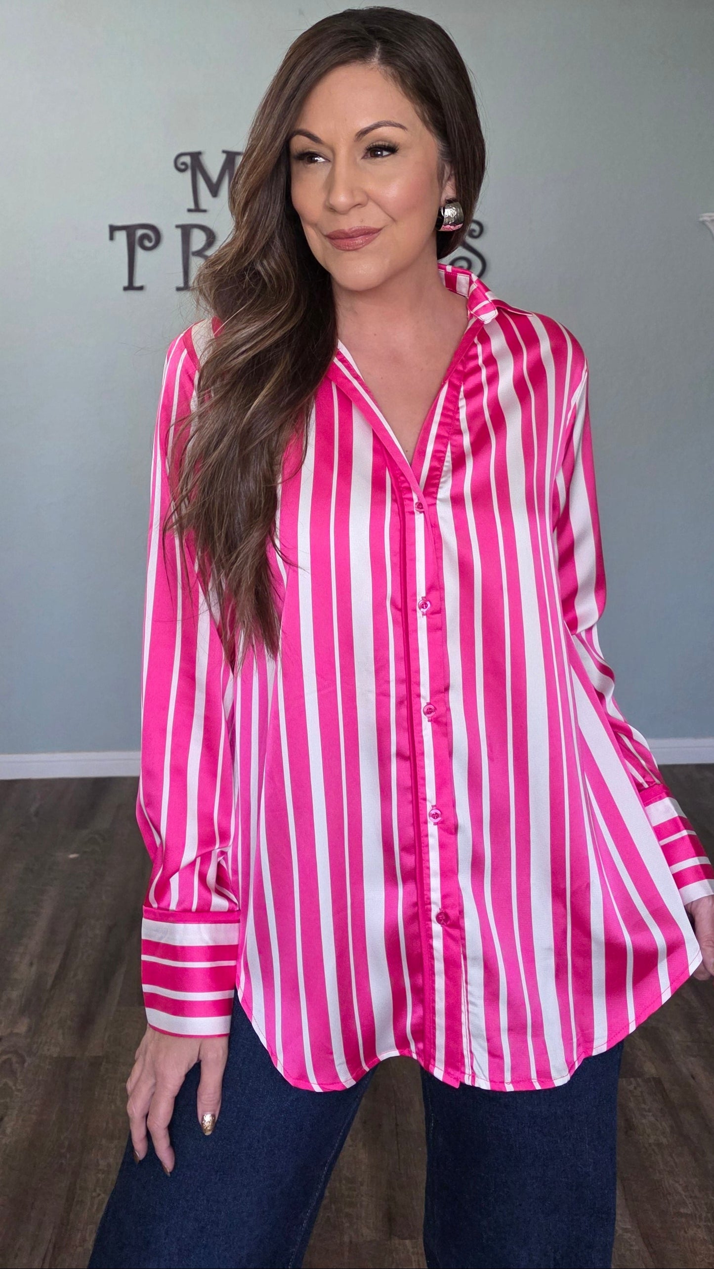 Umgee Satin Vertical Stripe Button Down Top – Hot Pink/White