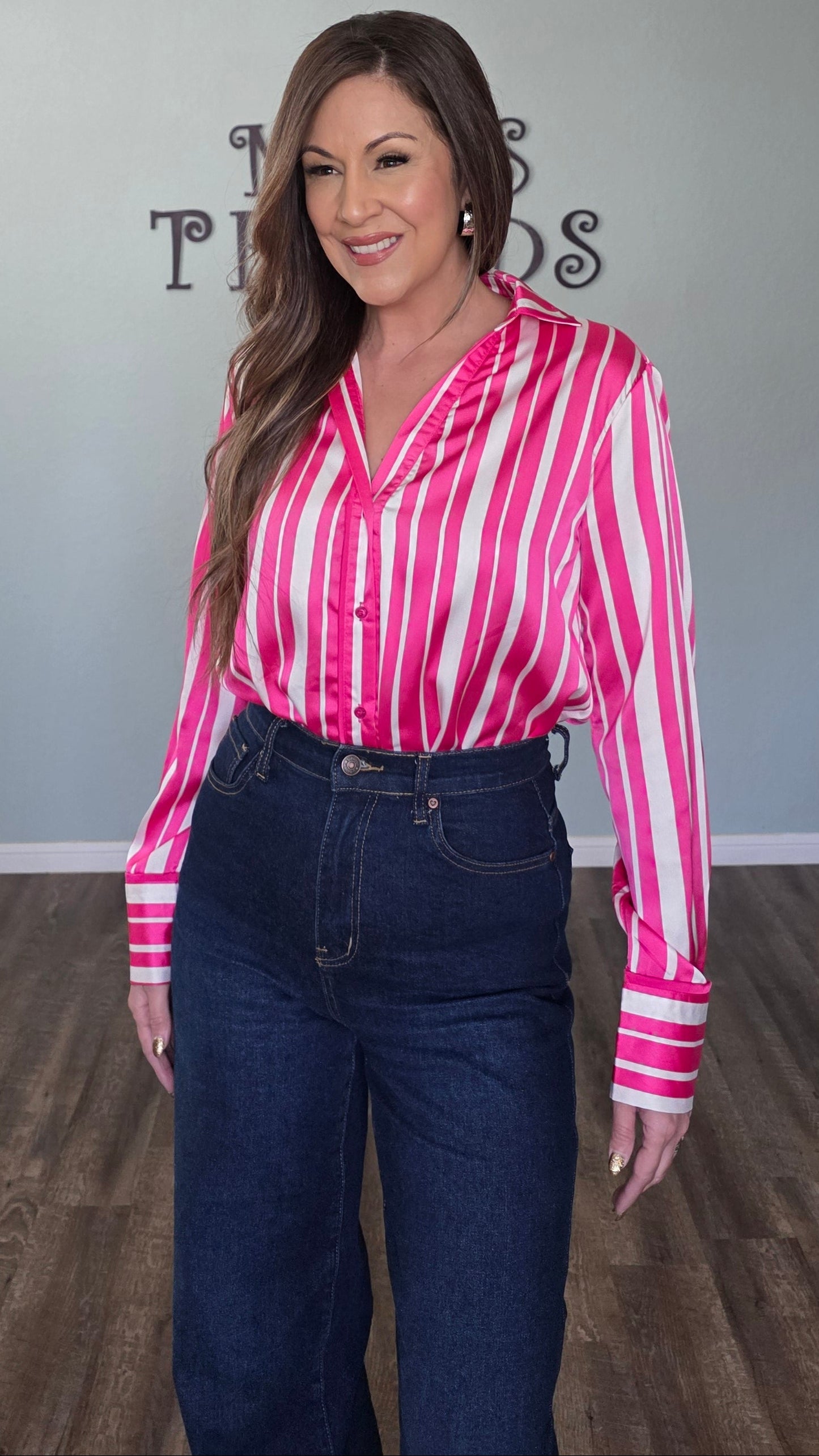 Umgee Satin Vertical Stripe Button Down Top – Hot Pink/White