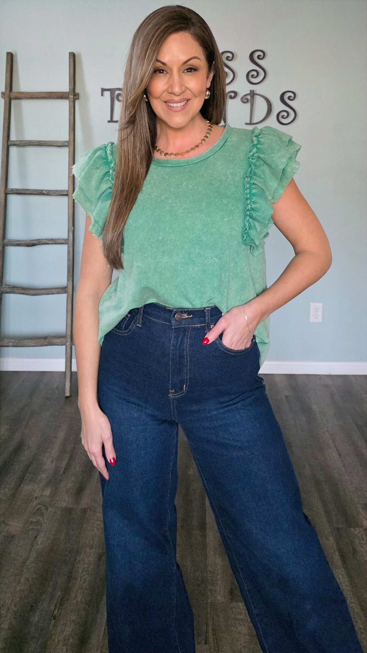 Mineral Washed Ruffle Sleeve Top in Green