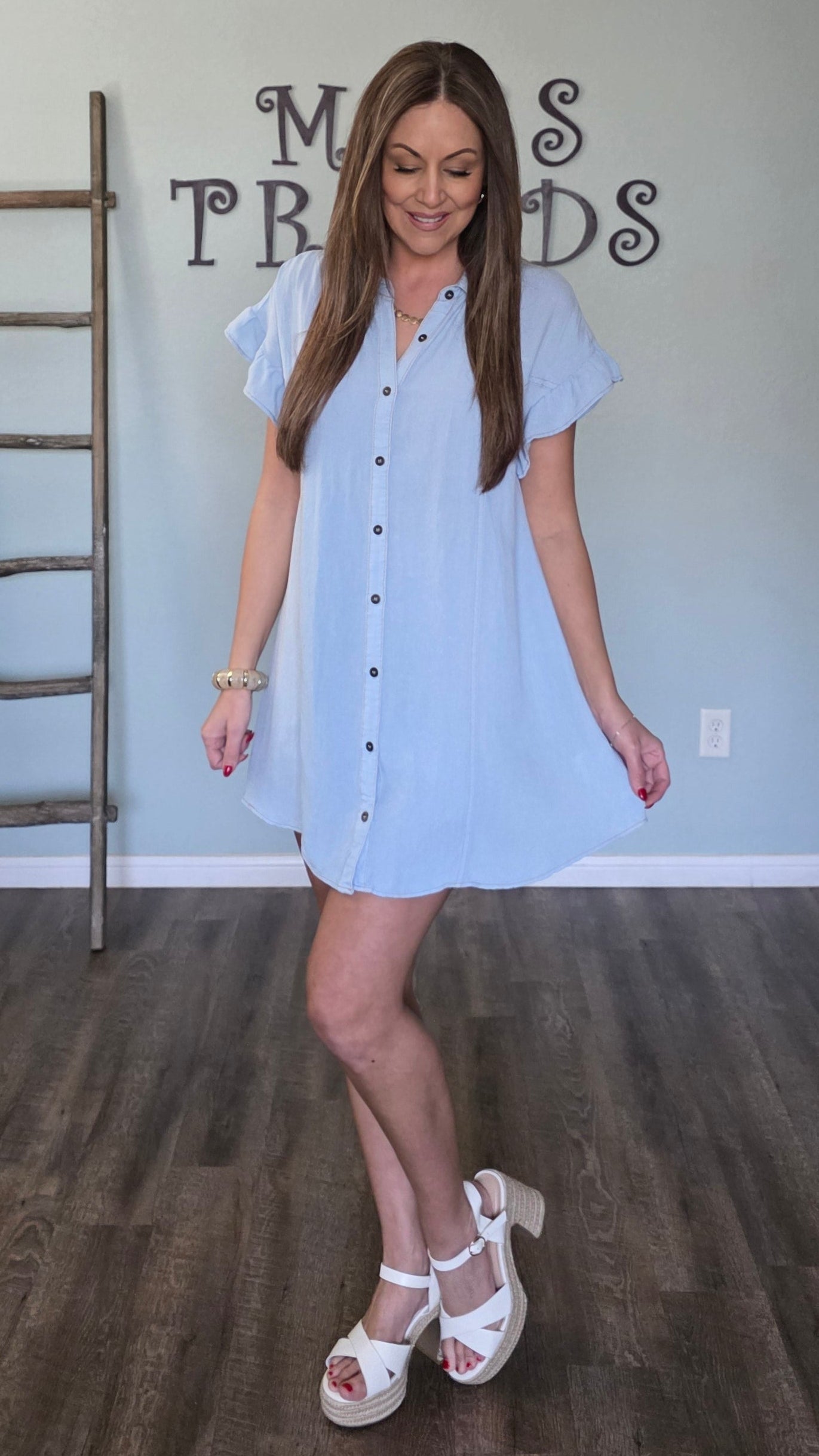 Chambray Breeze Ruffle Sleeve Dress