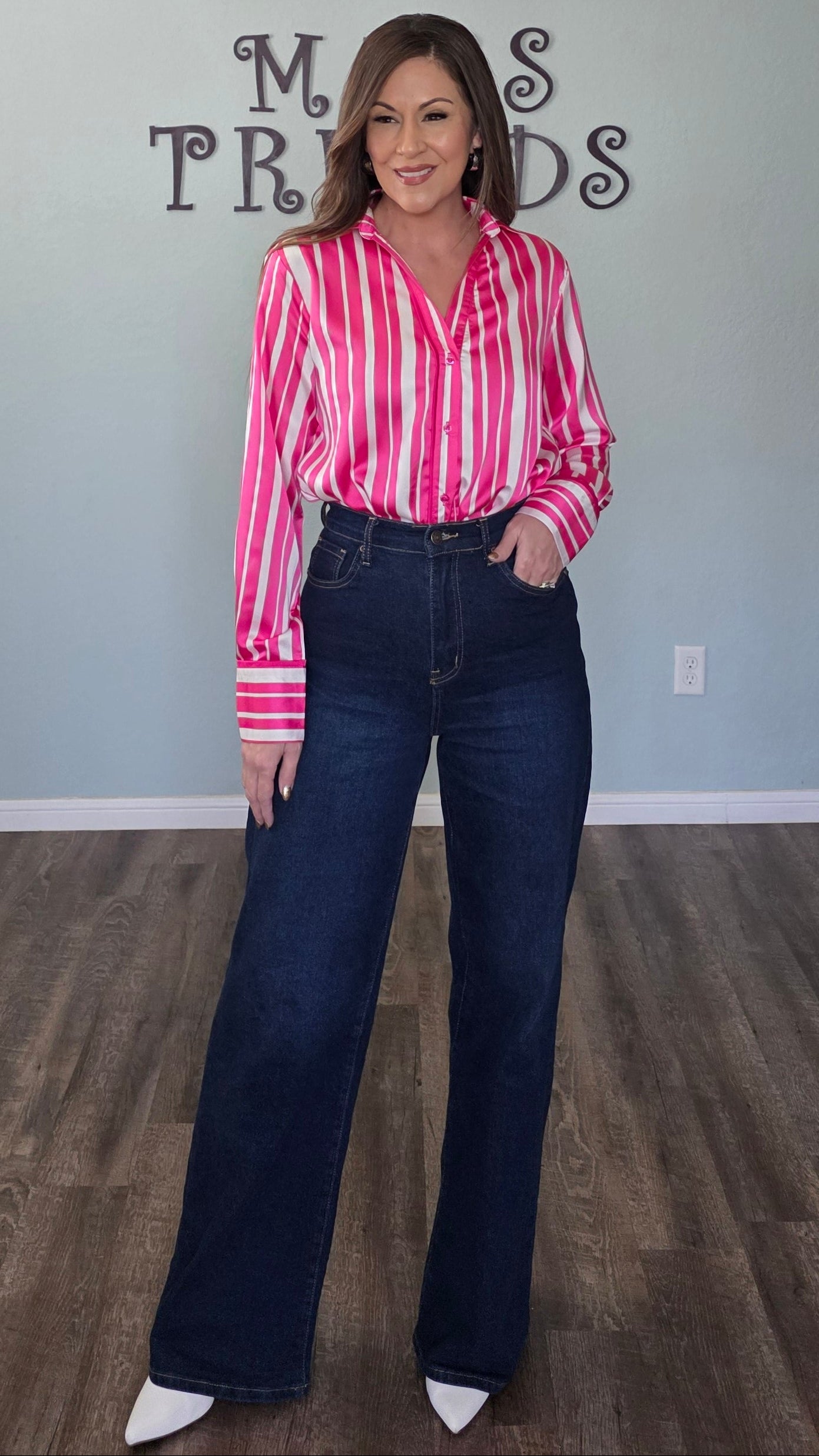 Umgee Satin Vertical Stripe Button Down Top – Hot Pink/White