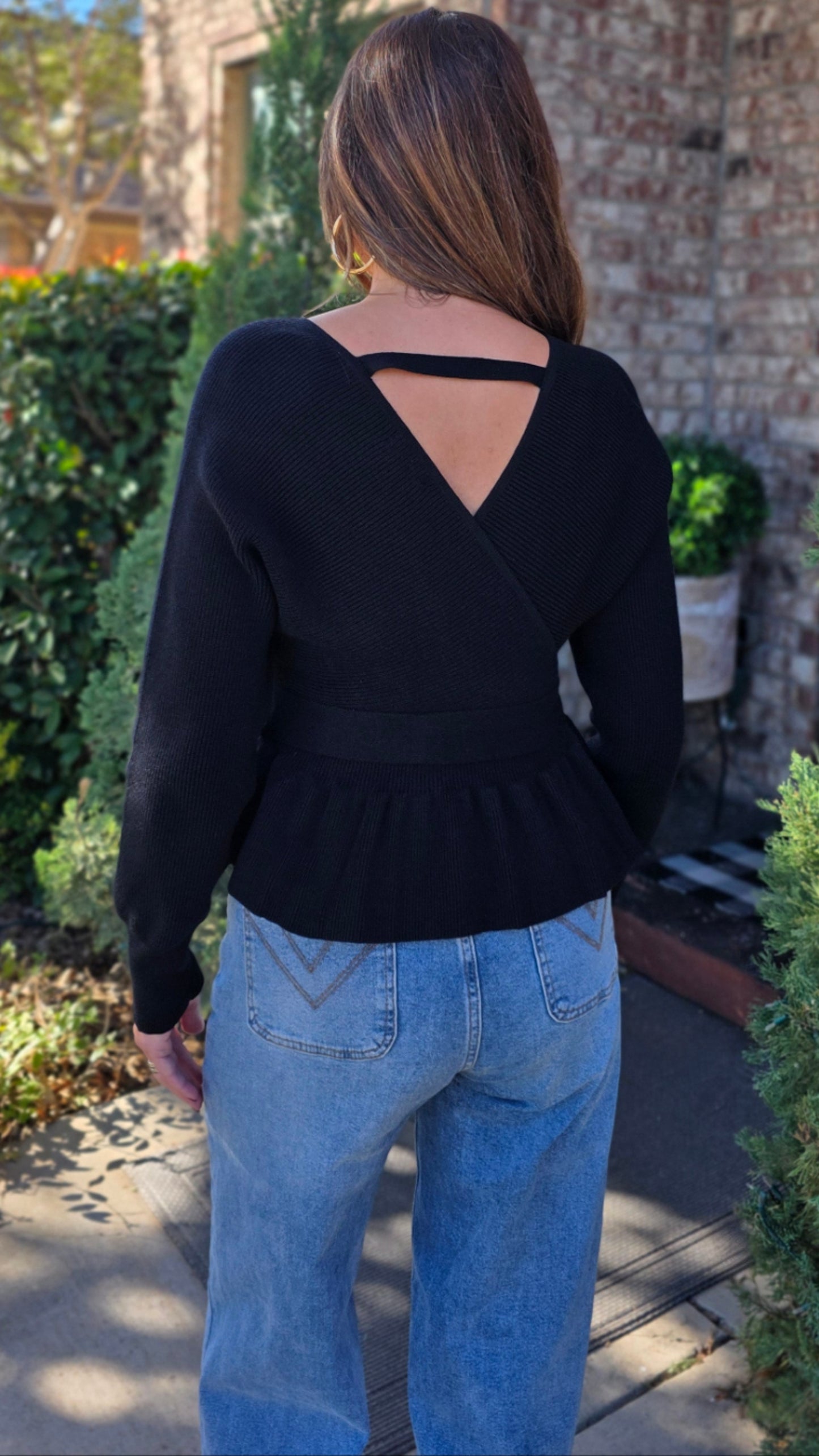 The Polished Tie Peplum Sweater- Black